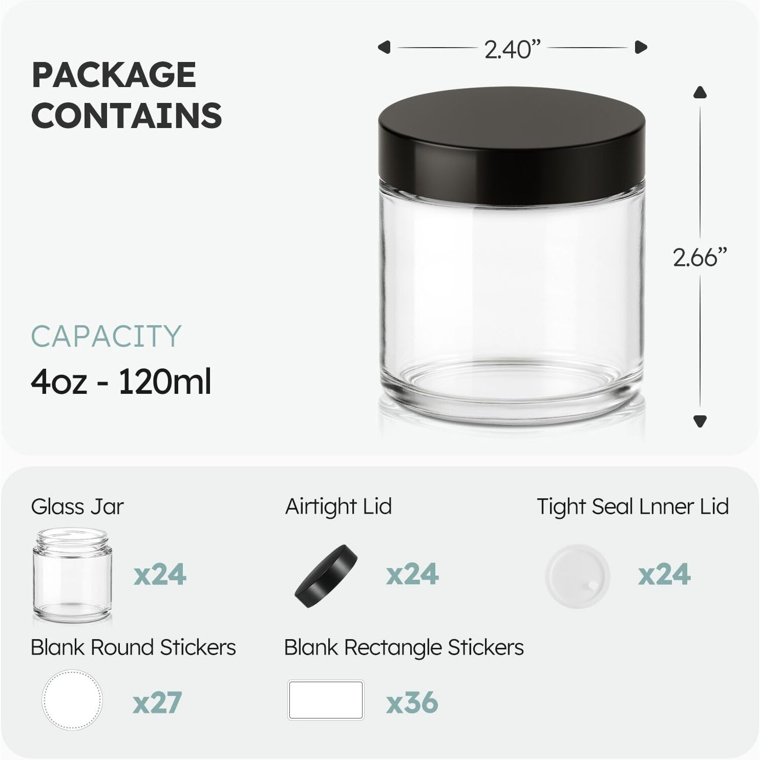 4 Oz Glass Jars With Lids, 24 Pack Clear Small Glass Jars With Black Lids Leakproof Round Airtight Empty Cosmetic Travel Containers With Inner Liners For Lotions Powders And Candle Making