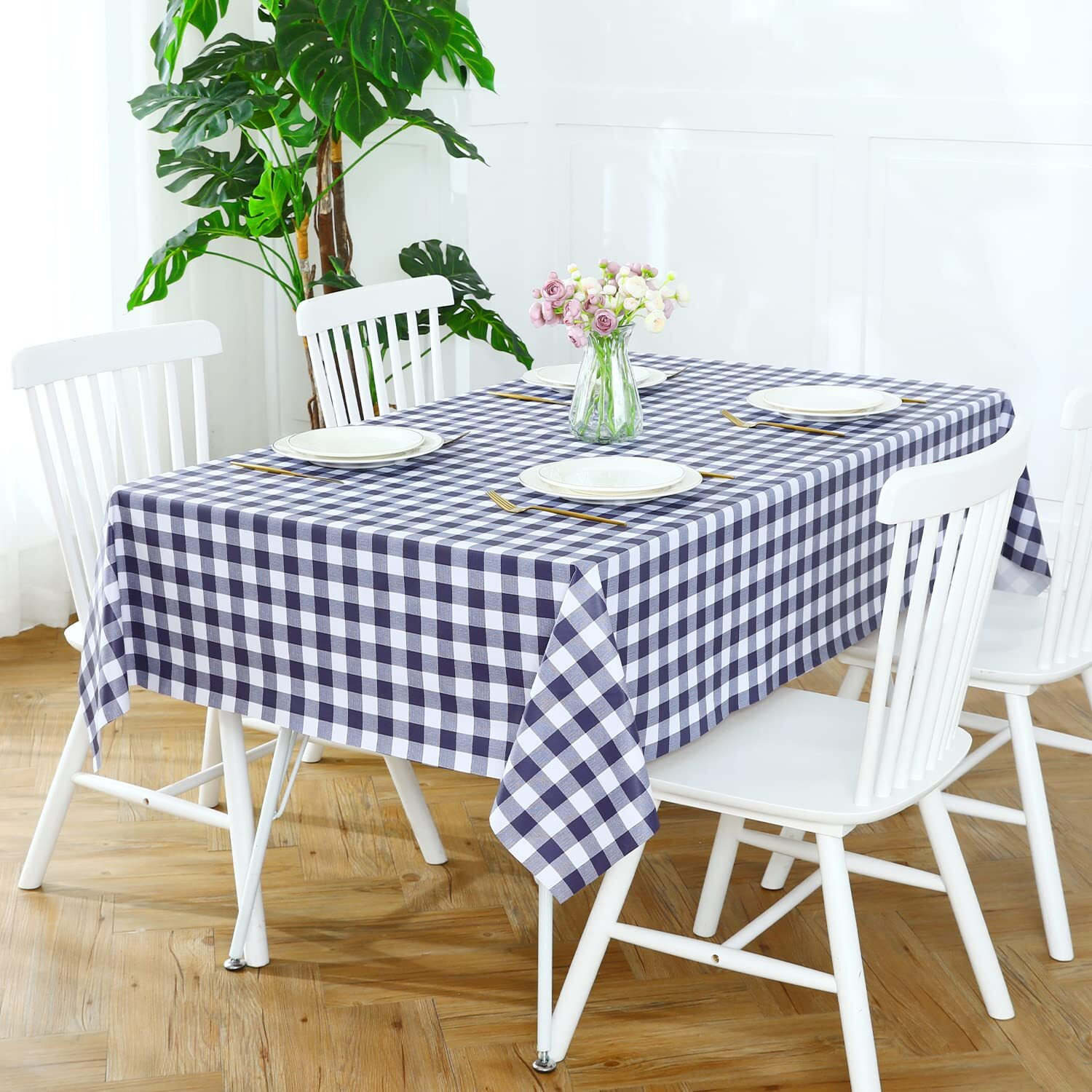 Romanstile Rectangle Vinyl Pvc Tablecloth, 100% Waterproof Buffalo Plaid Plastic Table Cloth, Oil Proof Heavy Duty Wipeable Table Covers For Dining/Camping/Picnic/Outdoor - 60 X 120, Navy Blue