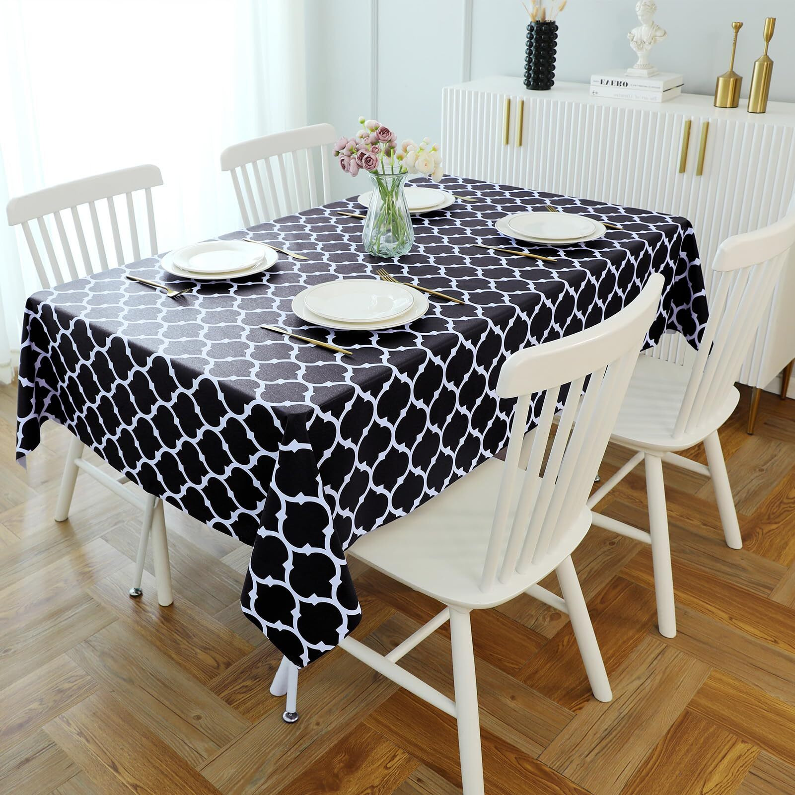 Romanstile Rectangle Plastic Tablecloth, 100% Waterproof Oil-Proof Checkered Pvc Table Cloth, Heavy Duty Vinyl Table Cover For Dining, Camping, Picnic, Outdoor - 54 X 78 Inch, Moroco Black