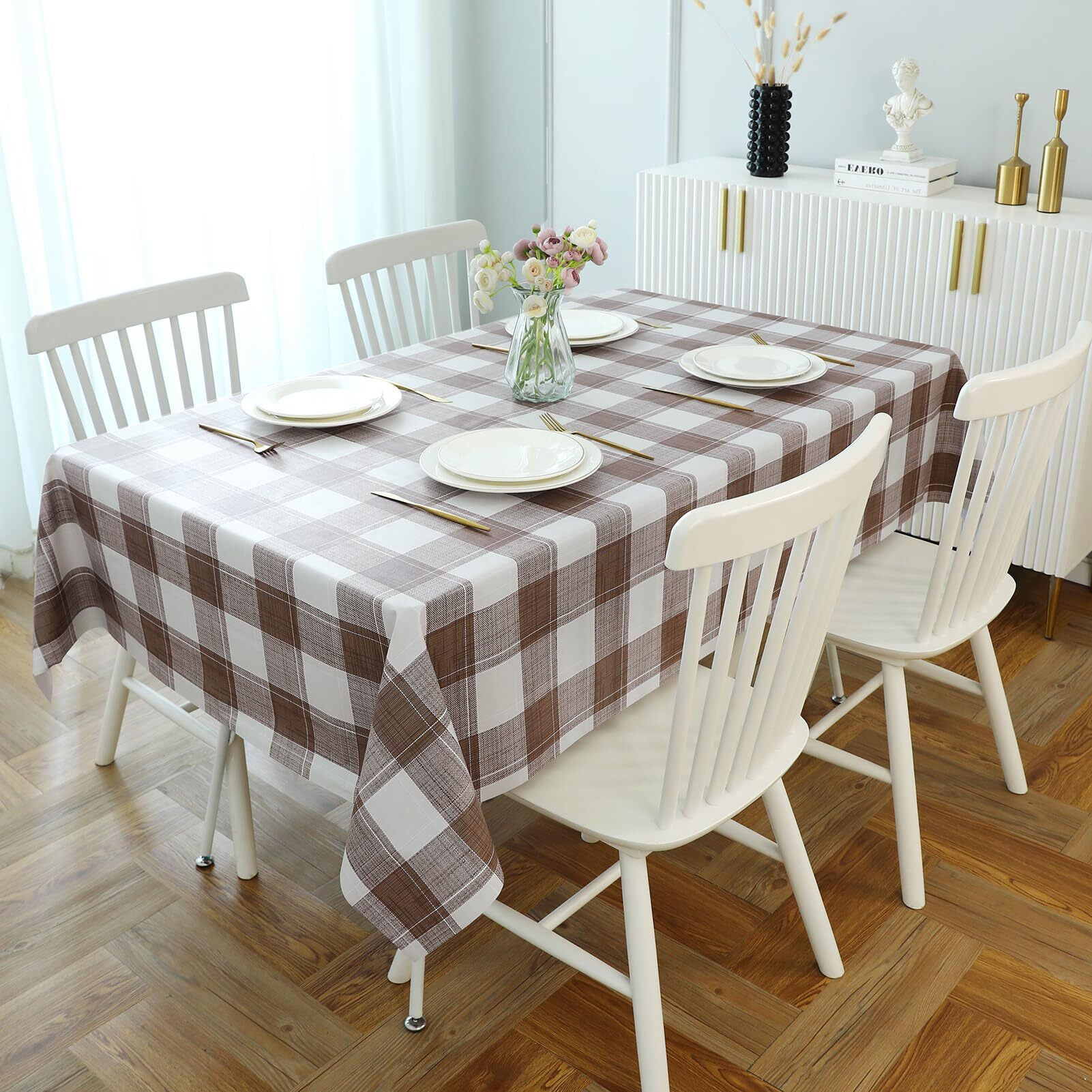 Romanstile Square Plastic Tablecloth, 100% Waterproof Oil-Proof Checkered Pvc Table Cloth, Heavy Duty Vinyl Table Cover For Dining, Camping, Picnic, Outdoor - 54 X 54 Inch, Brown Checkered