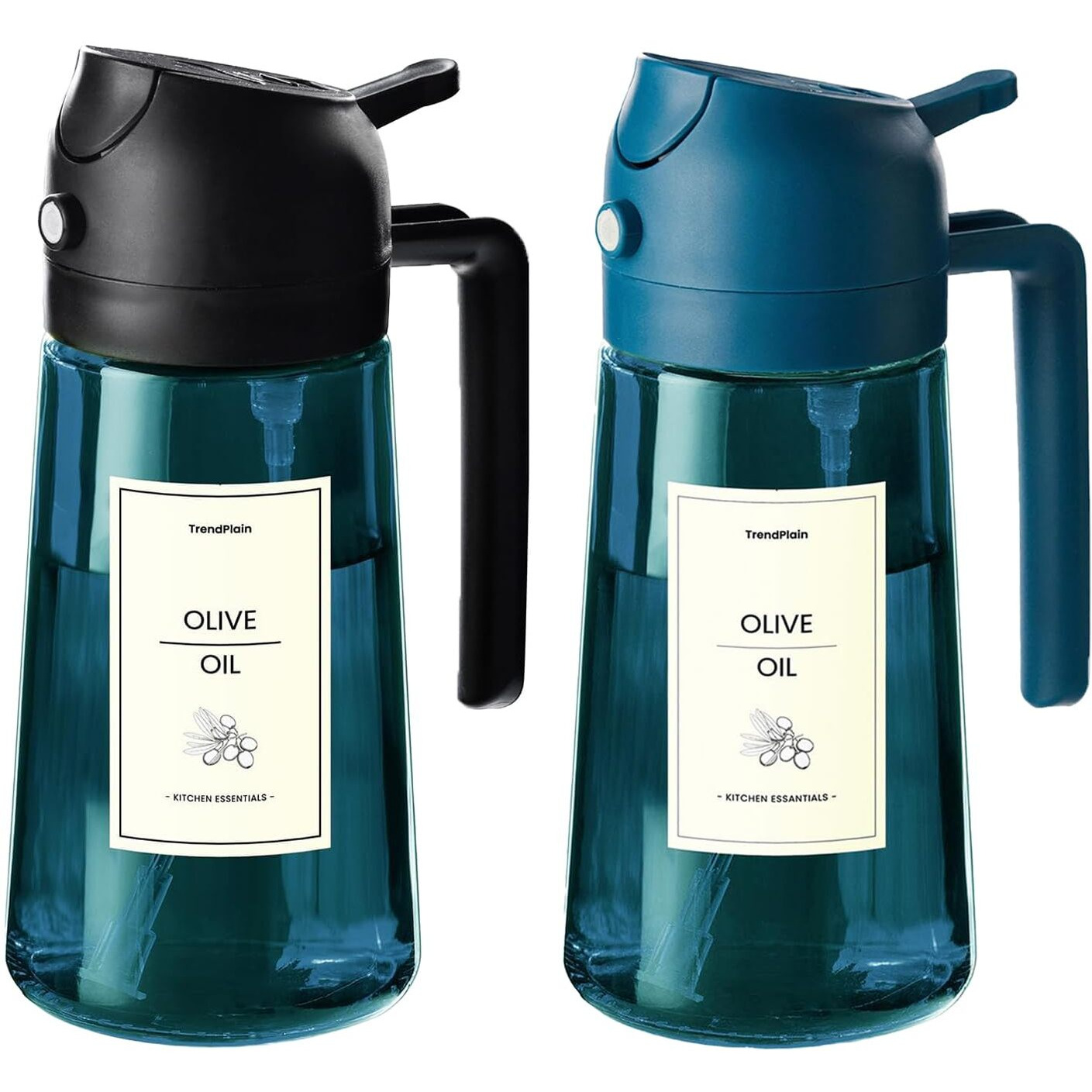 Trendplain 16Oz/470Ml Blue Glass Olive Oil Sprayer For Cooking - 2 In 1 Olive Oil Dispenser For Kitchen Gadgets, Air Fryer, Salad, And Bbq (1 Pack, Black & Navy)