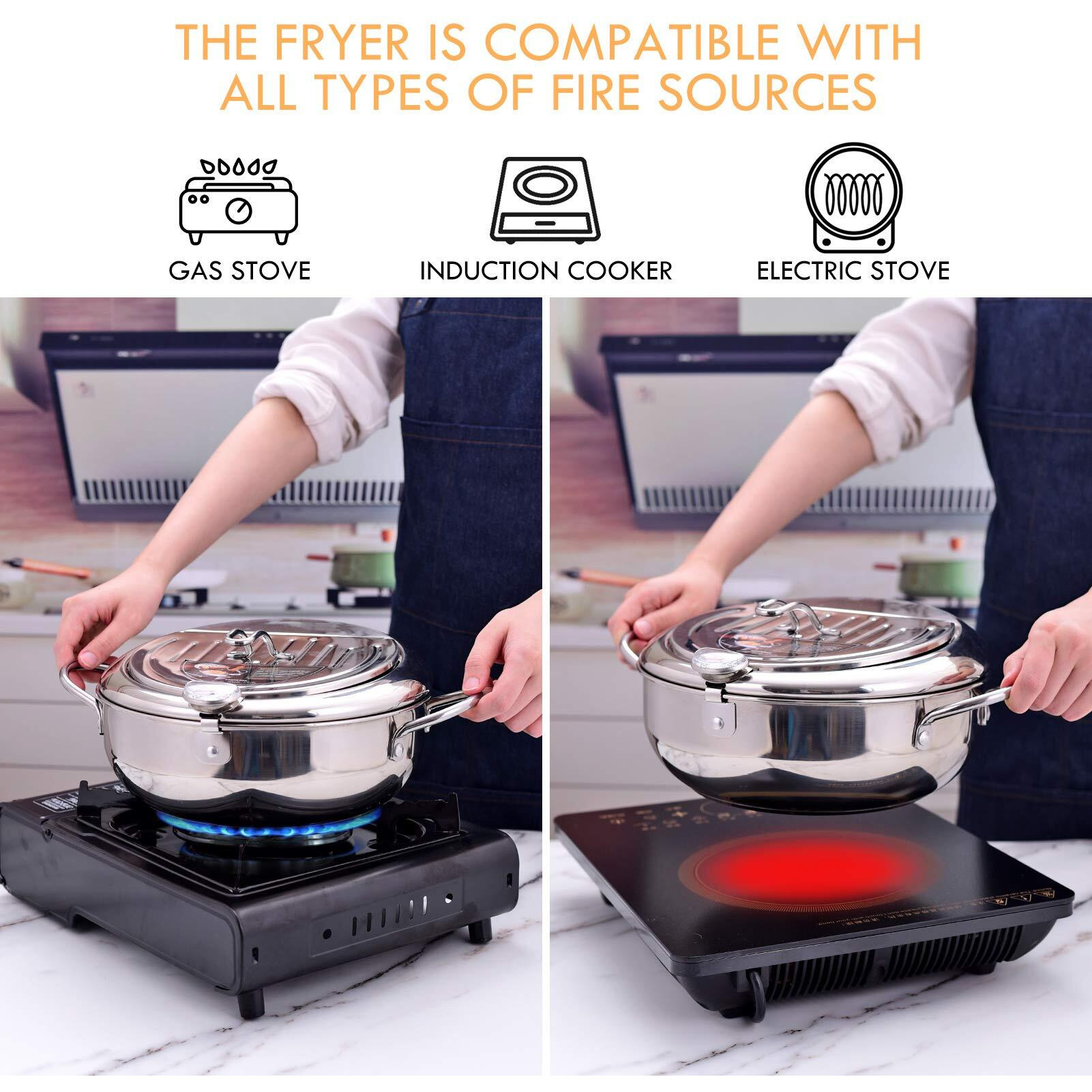Cuomaop Deep Fryer Pot, 304 Stainless Steel Japanese Frying Pot With Oil Drain, Temperature Control And Lid, Tempura Deep Fryer Pot For Kitchen Stove/Induction Cooker French Fries Fryer Chicken 9.4""