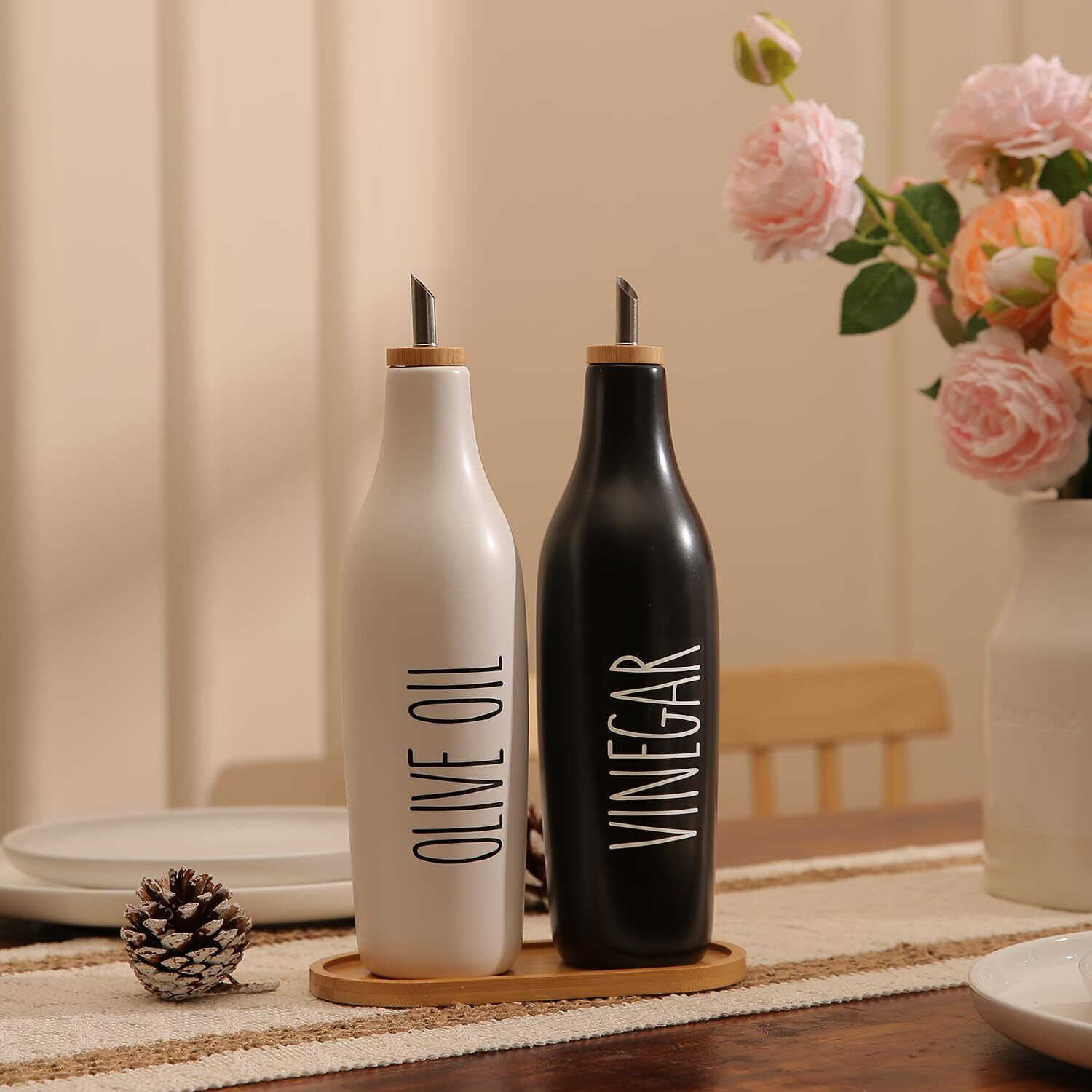 Homcdaly Olive Oil And Vinegar Dispenser Set, 16Oz Ceramic Oil Dispenser For Kitchen, Kitchen Dispenser Bottle For Evoo Vinegar Syrups, Modern Farmhouse Design| Set Of 2 - P-Black&White