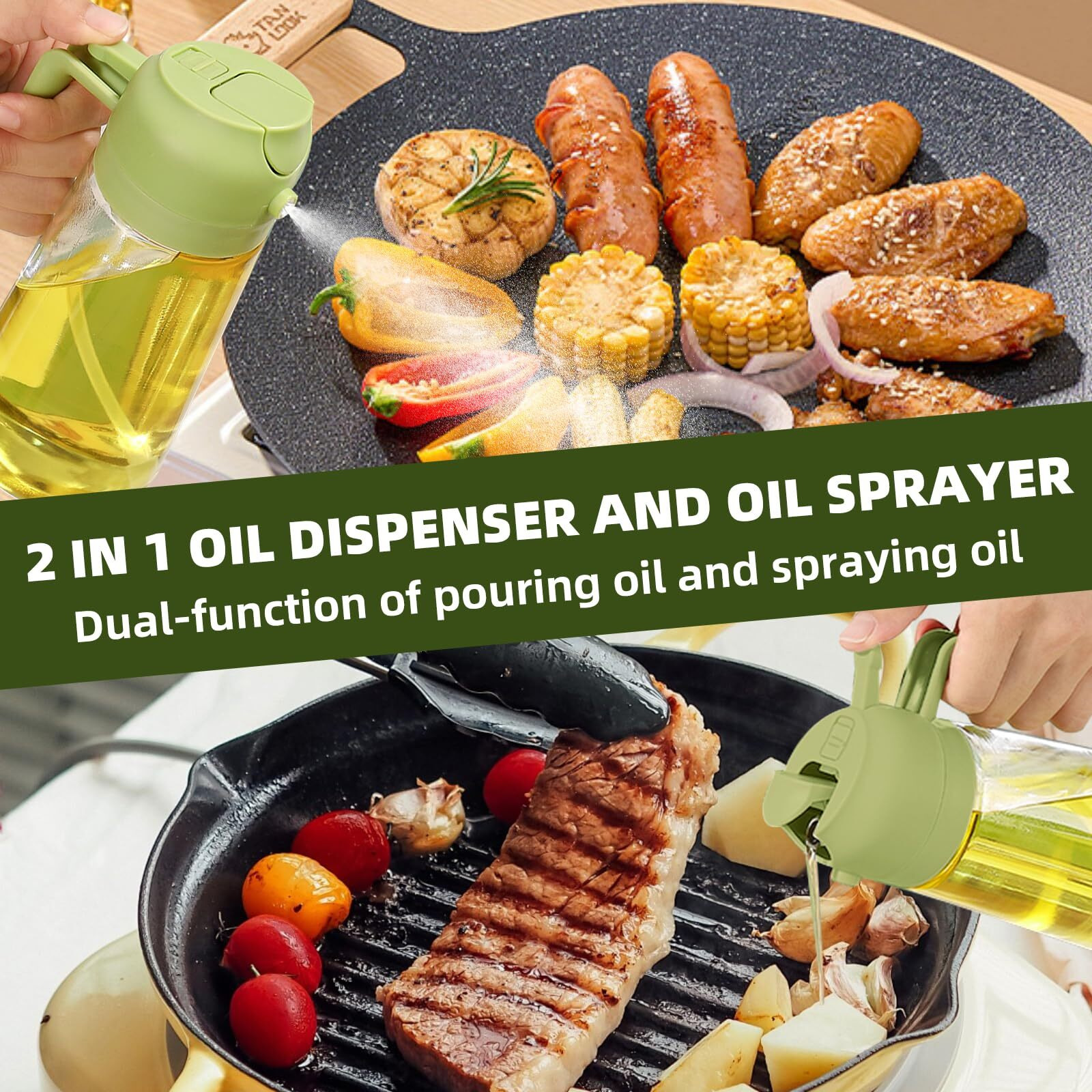 Plapitate 2Pcs Oil Sprayer For Cooking, 16Oz/470Ml Oil Dispenser For Kitchen, 2 In 1 Olive Oil Dispenser Bottle For Kitchen Gadgets, Air Fryer, Salad, Bbq (Ivory, Green)