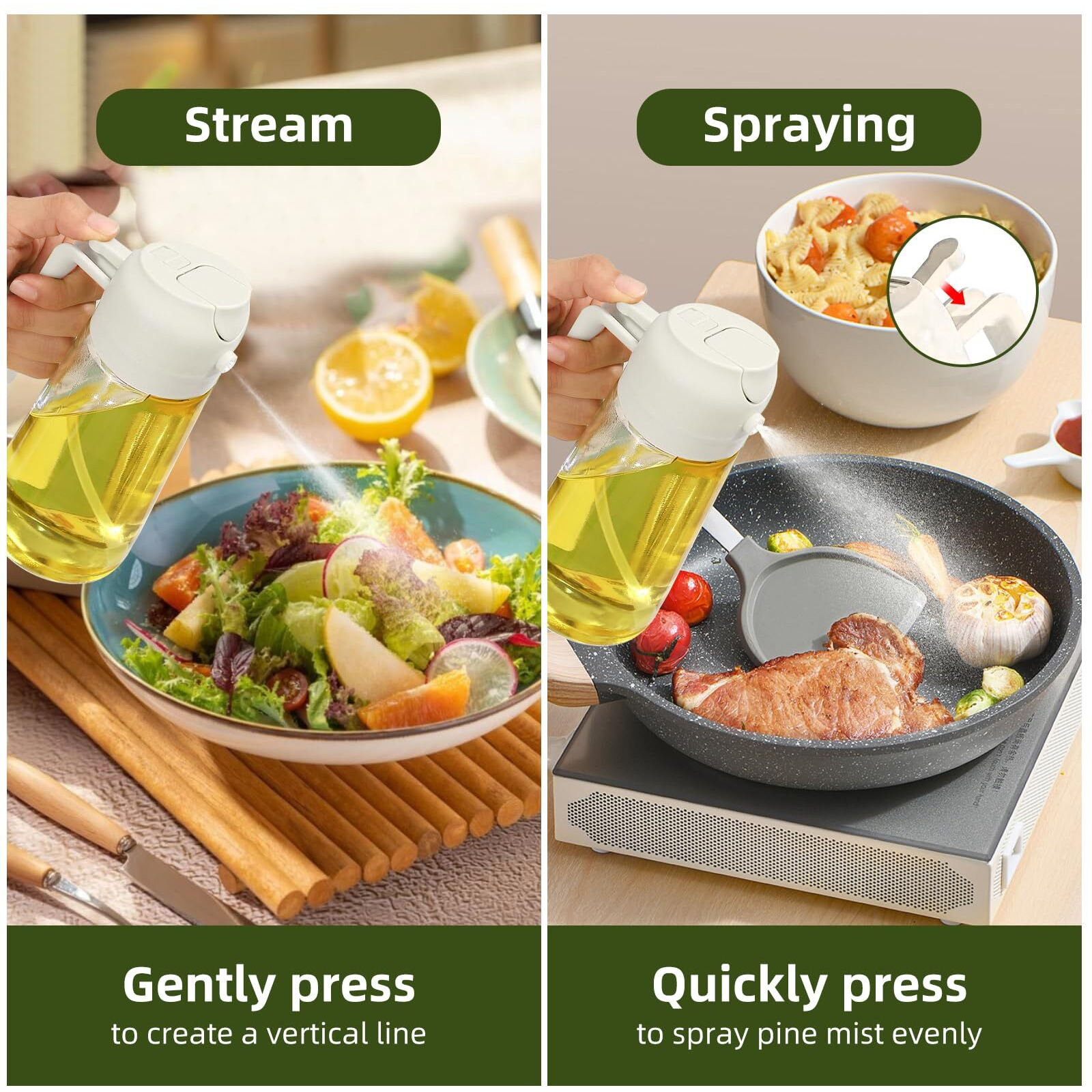 Plapitate 2Pcs Oil Sprayer For Cooking, 16Oz/470Ml Oil Dispenser For Kitchen, 2 In 1 Olive Oil Dispenser Bottle For Kitchen Gadgets, Air Fryer, Salad, Bbq (Ivory, Green)