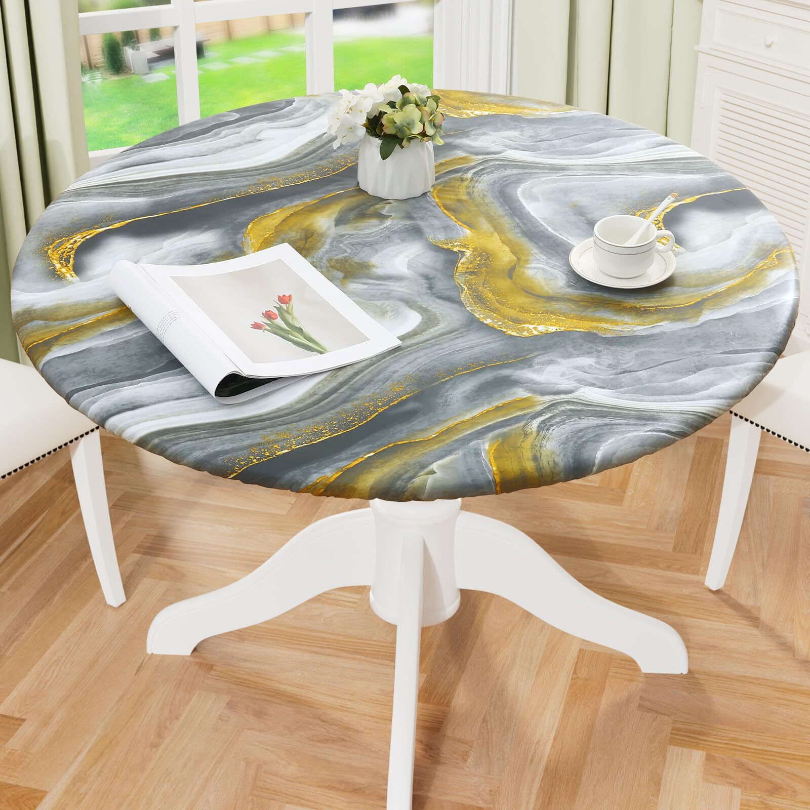 Misaya Round Fitted Tablecloth With Elastic Edge, 100% Waterproof Oil Proof Plastic Table Cover, Vinyl Flannel Backed Tablecloth Fits 45""-56"" Round Tables For Dinner, Outdoor, Picnic, Grey Gold Marble