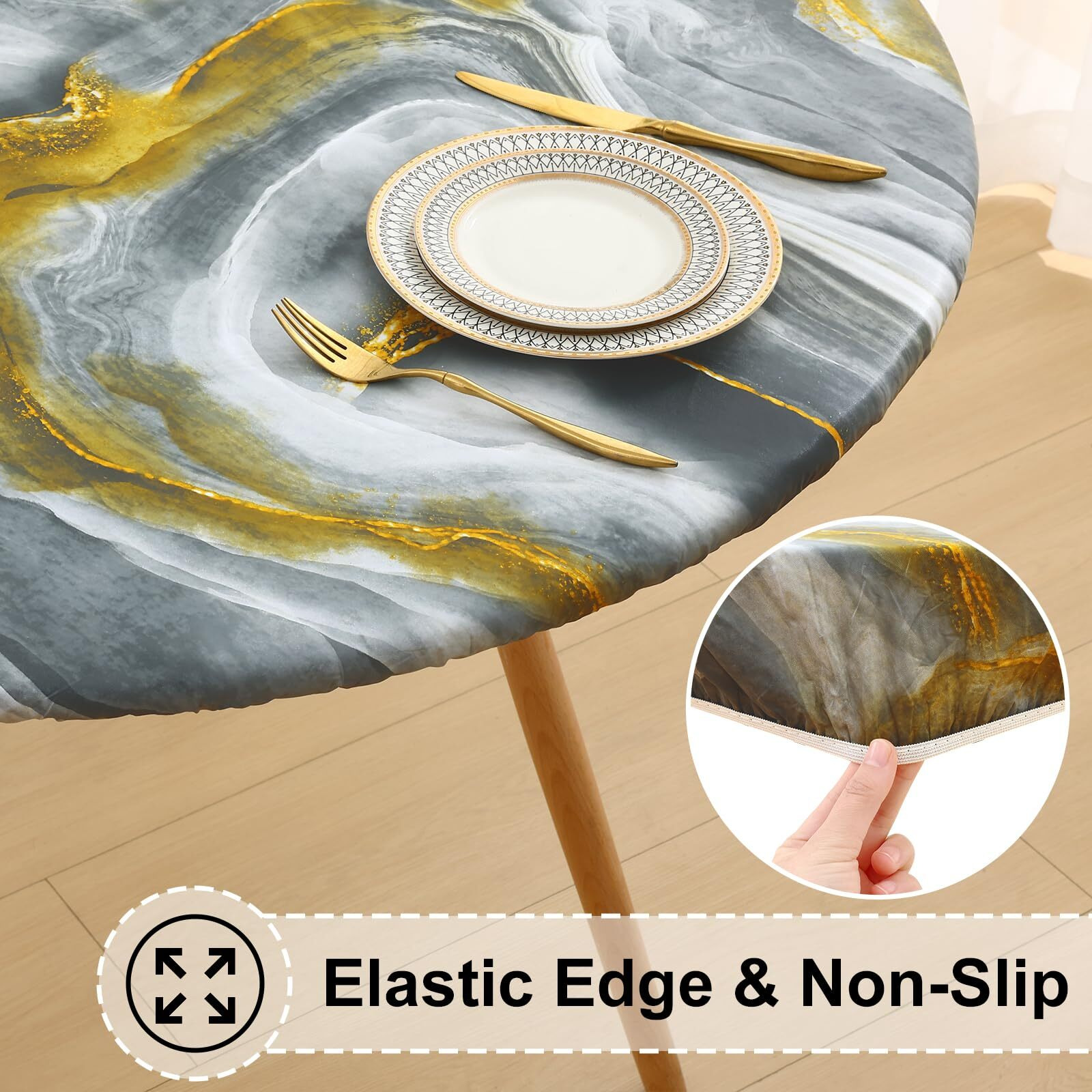 Misaya Round Fitted Tablecloth With Elastic Edge, 100% Waterproof Oil Proof Plastic Table Cover, Vinyl Flannel Backed Tablecloth Fits 45""-56"" Round Tables For Dinner, Outdoor, Picnic, Grey Gold Marble