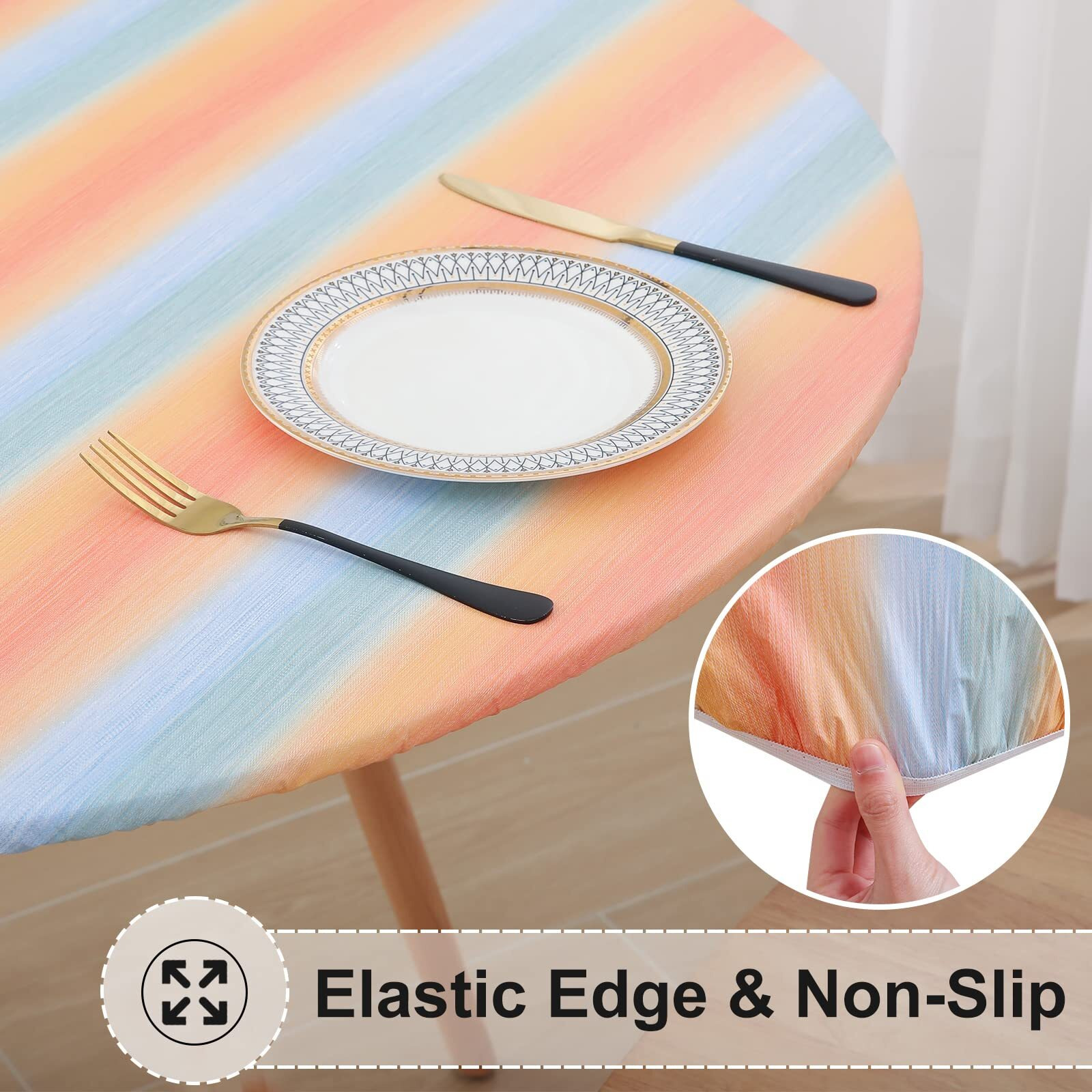 Misaya Round Fitted Tablecloth With Elastic Edge, 100% Waterproof Oil Proof Plastic Table Cover, Vinyl Flannel Backed Tablecloth Fits 45""-56"" Round Tables For Dinner, Outdoor, Picnic, Rainbow Striped