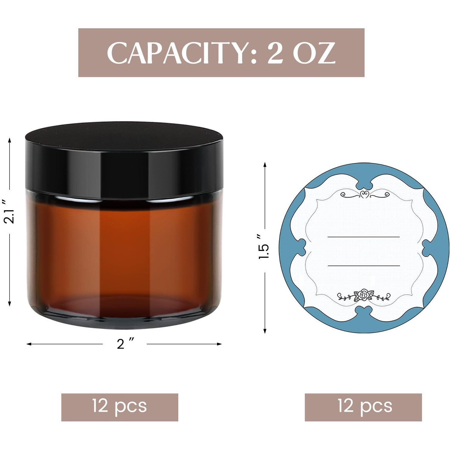 Qeirudu 2 Oz Small Amber Glass Jars With Black Lids, 12 Pack Empty Glass Cosmetic Jars With Inner Liners And Labels For Storing Lotions, Ointments, Creams, Candles