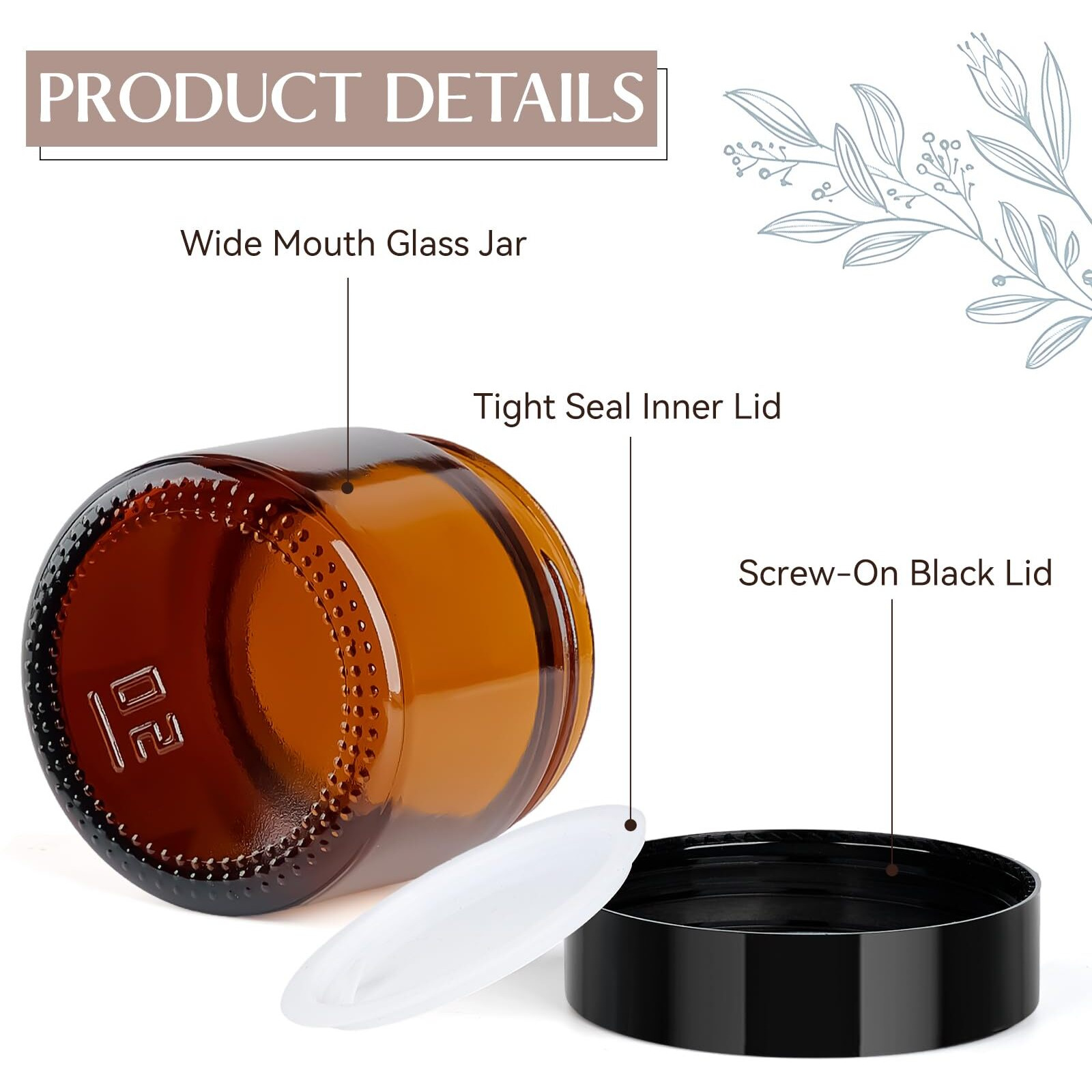 Qeirudu 2 Oz Small Amber Glass Jars With Black Lids, 12 Pack Empty Glass Cosmetic Jars With Inner Liners And Labels For Storing Lotions, Ointments, Creams, Candles