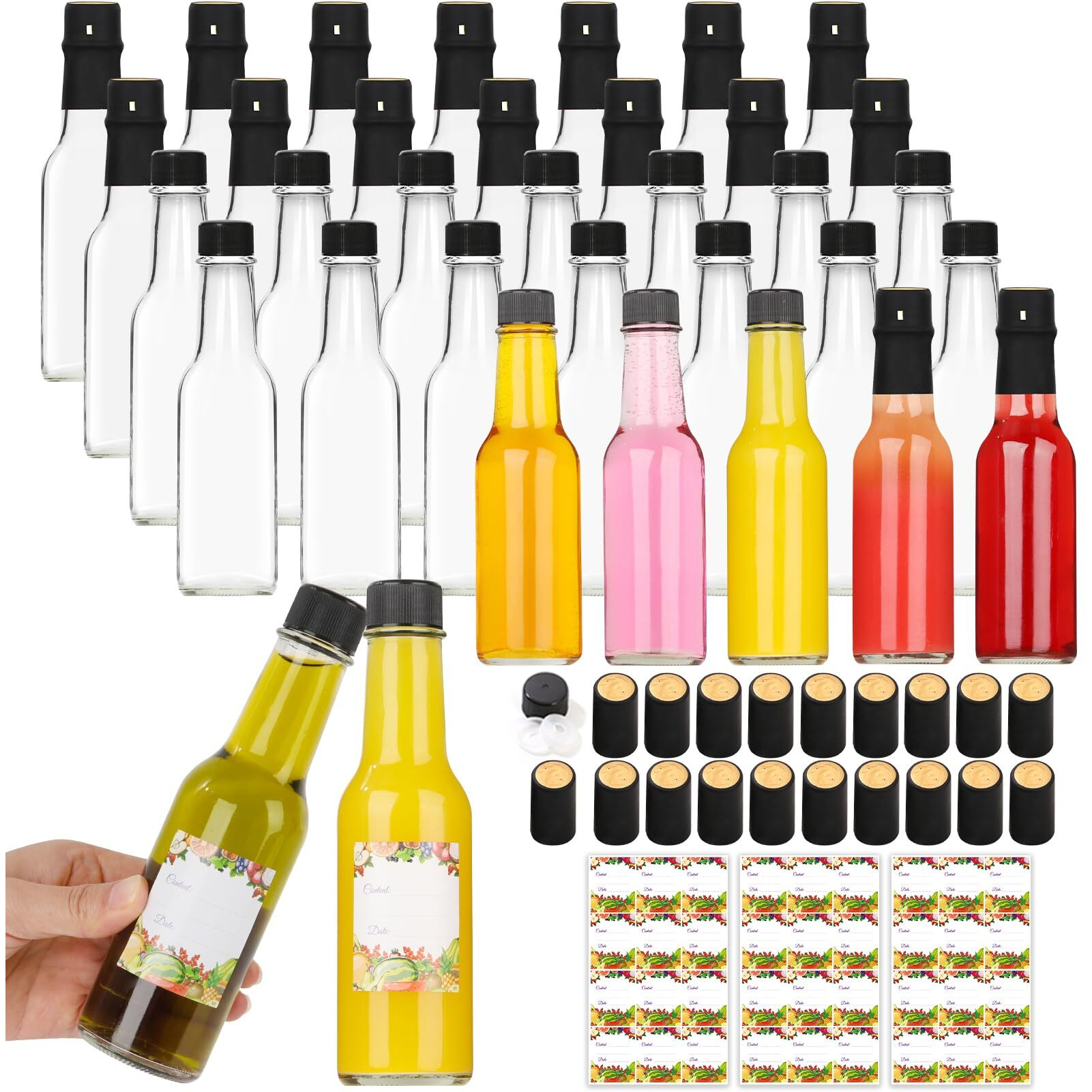 Alotpower 35 Pack Hot Sauce Bottles 5Oz, Empty Clear Glass Woozy Bottles With Leak-Proof Black Screw Caps, Dripper Inserts & Shrink Capsules - Perfect For Homemade Sauces, Oils & Diy Crafts