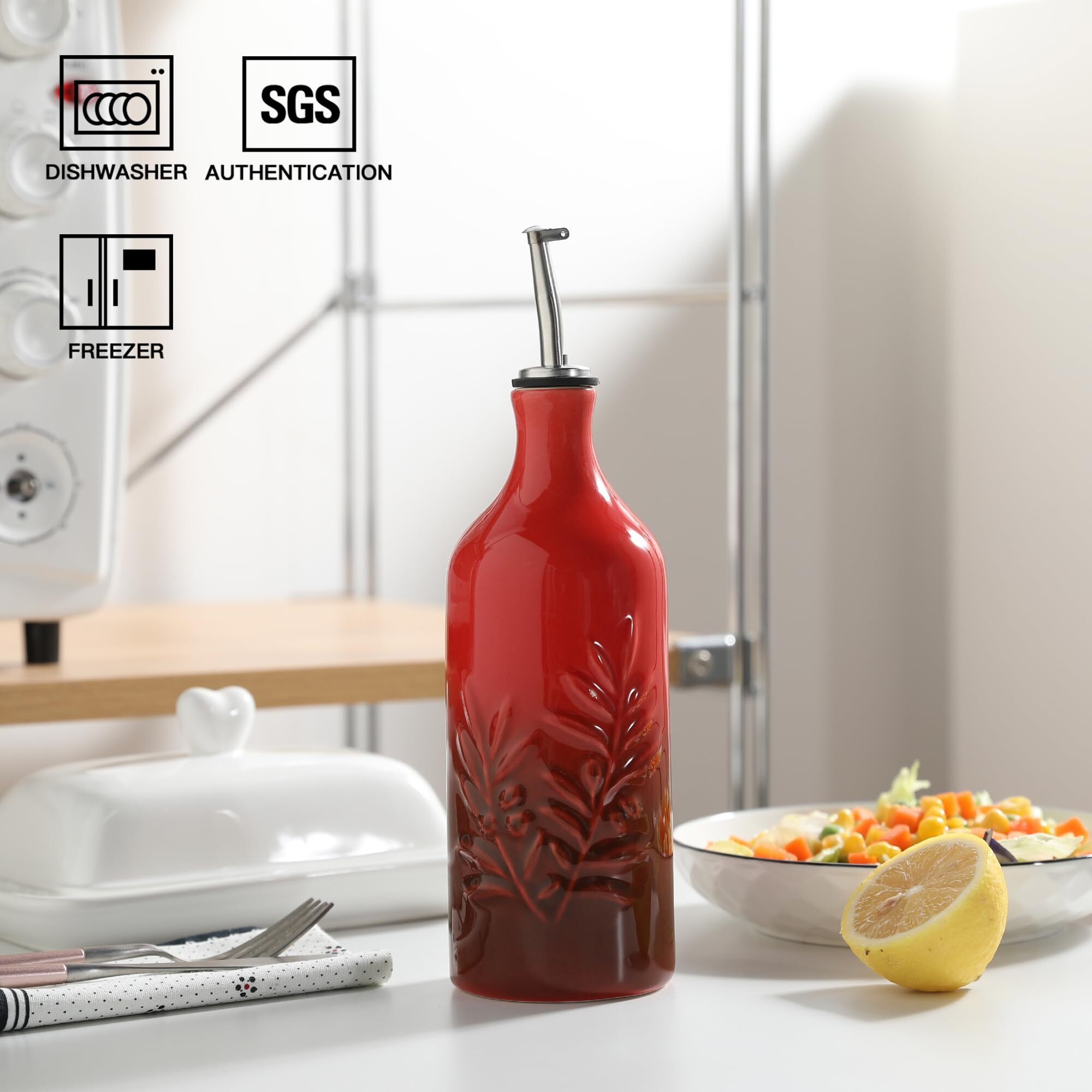 Sweejar Ceramic Olive Oil Dispenser Bottle, 20 Oz Relief Opaque Oil Cruet Protects To Reduce Oxidation, Suitable For Storage Vinegar, Soy Sauce, Coffee Syrup, Liquids, Set Of 1 (Gradient Red)