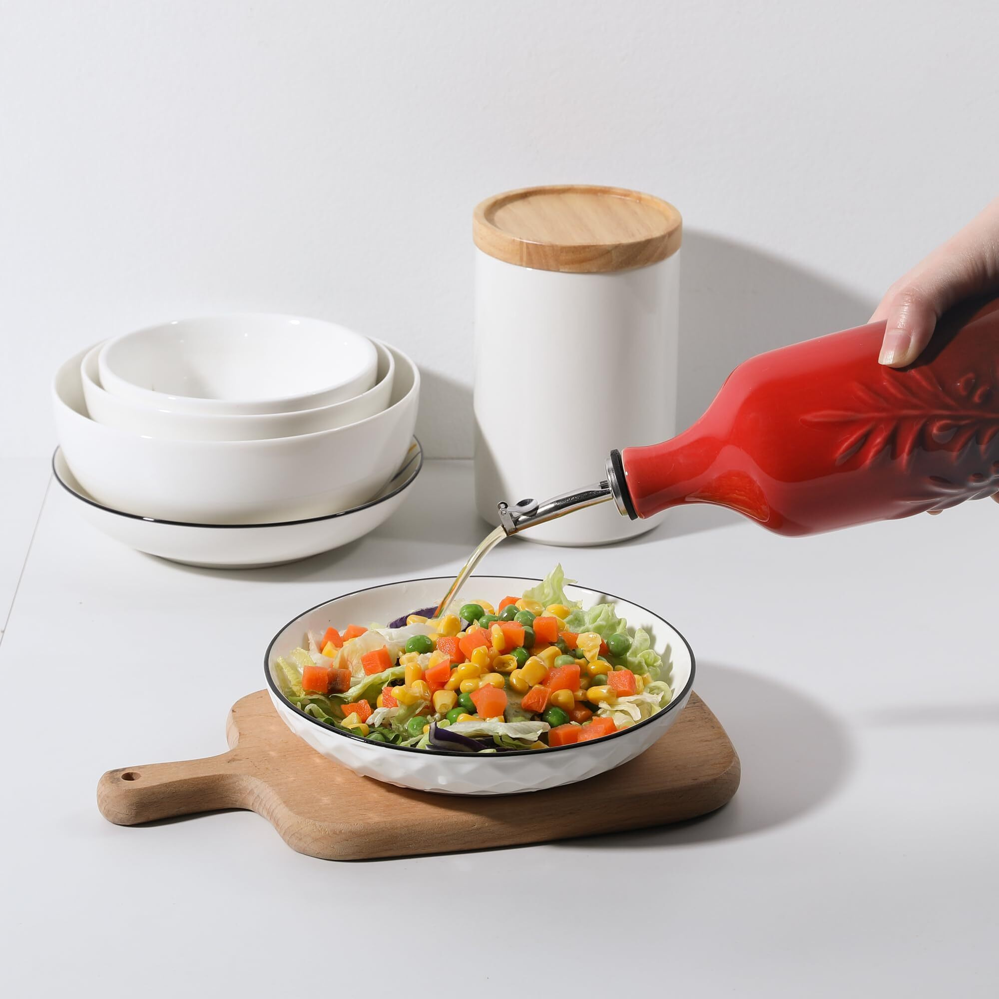 Sweejar Ceramic Olive Oil Dispenser Bottle, 20 Oz Relief Opaque Oil Cruet Protects To Reduce Oxidation, Suitable For Storage Vinegar, Soy Sauce, Coffee Syrup, Liquids, Set Of 1 (Gradient Red)