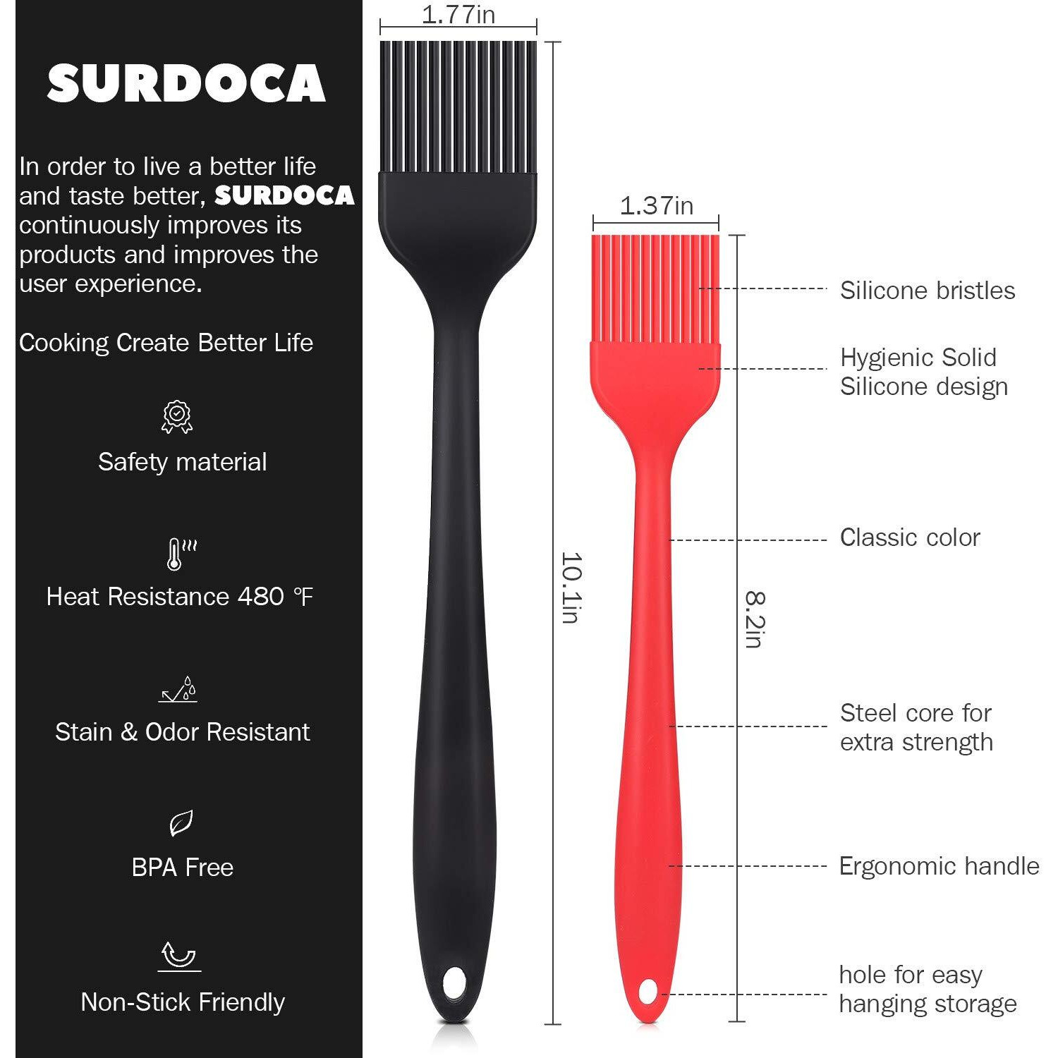 Surdoca Silicone Pastry Basting Brush - 2Pcs 10 + 8 In Heat Resistant Brush For Baking Cooking Food, Bpa Free Kitchen Brush For Sauce Butter Oil, Stainless Steel Core Design For Barbecue Bbq Grilling