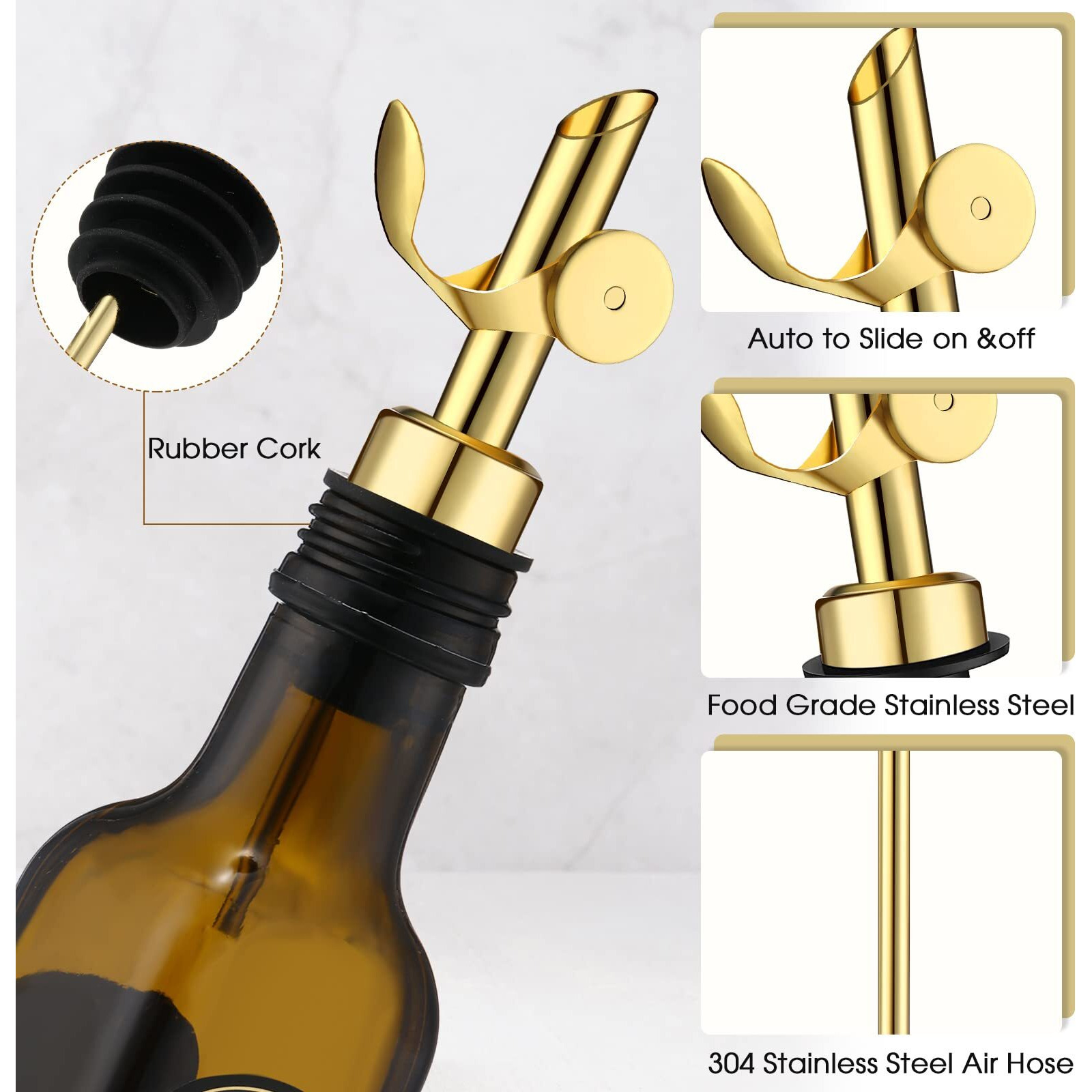 6 Pcs Weighted Stainless Steel Liquor Bottle Pourers Auto Flip Olive Oil Dispenser Spout Balsamic Alcohol Pourer Spouts (Gold)
