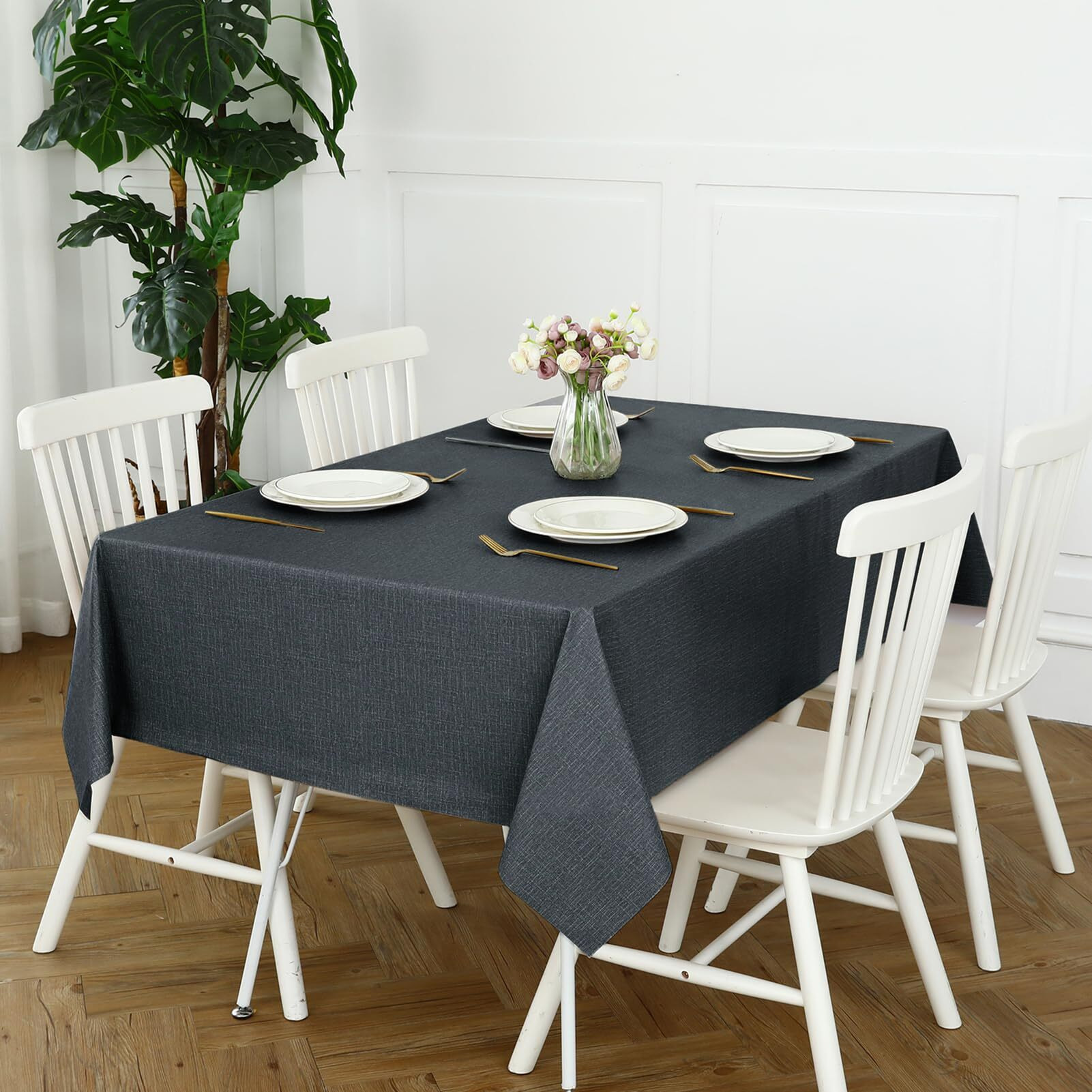 Romanstile 100% Waterproof Pvc Tablecloth, Square Oil Spill Proof Stain Resistant Vinyl Table Cloth, Wipe Clean Plastic Table Covers For Kitchen/Dining/Parties - 54 X 78 Inch, Charcoal