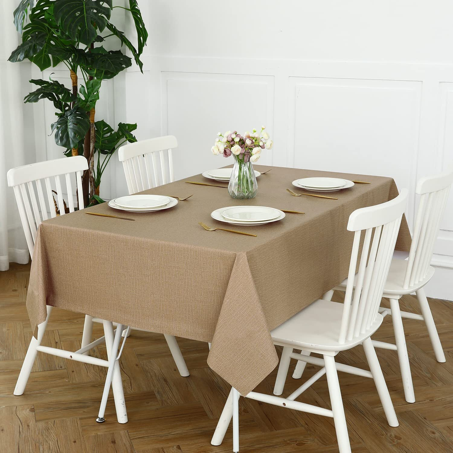 Romanstile 100% Waterproof Pvc Tablecloth, Rectangle Oil Spill Proof Stain Resistant Vinyl Table Cloth, Wipe Clean Plastic Table Covers For Kitchen/Dining/Parties - 54 X 120 Inch, Caramel