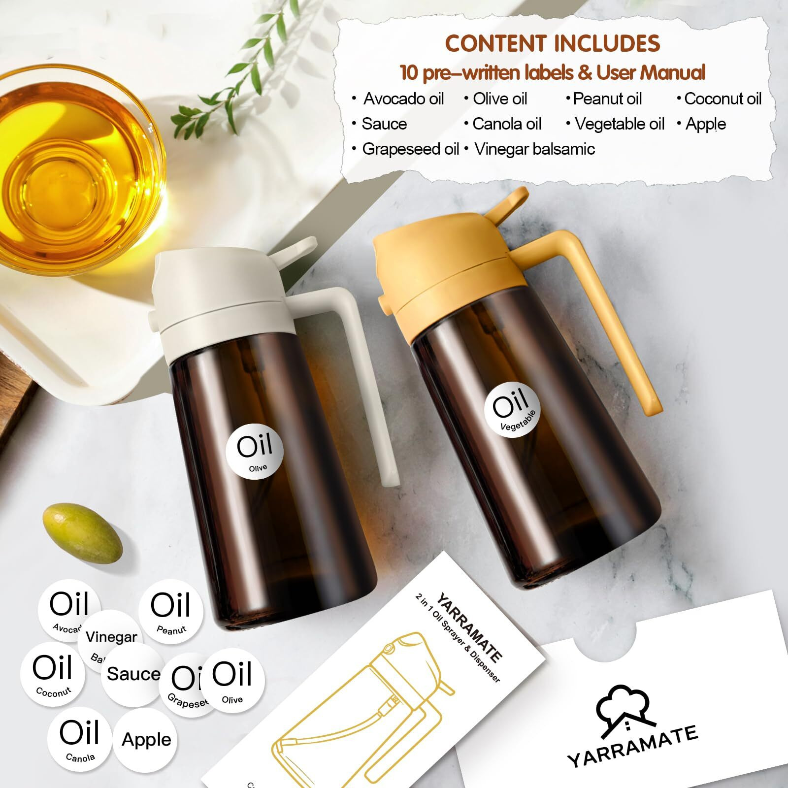 Yarramate 2Pcs 16Oz/470Ml Oil Sprayer For Cooking With Stickers, Food-Grade 2 In 1 Olive Oil Dispenser Bottle For Kitchen, Premium Dark Amberglass Oil Bottle For Air Fryer, Bbq(White & Orange)