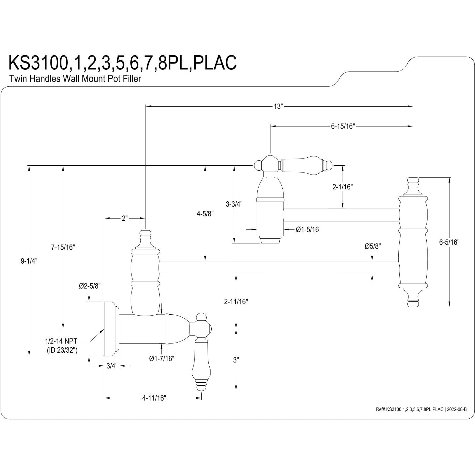 Kingston Brass Ks3105Pl Restoration Pot Filler, 13"" Length, Oil Rubbed Bronze