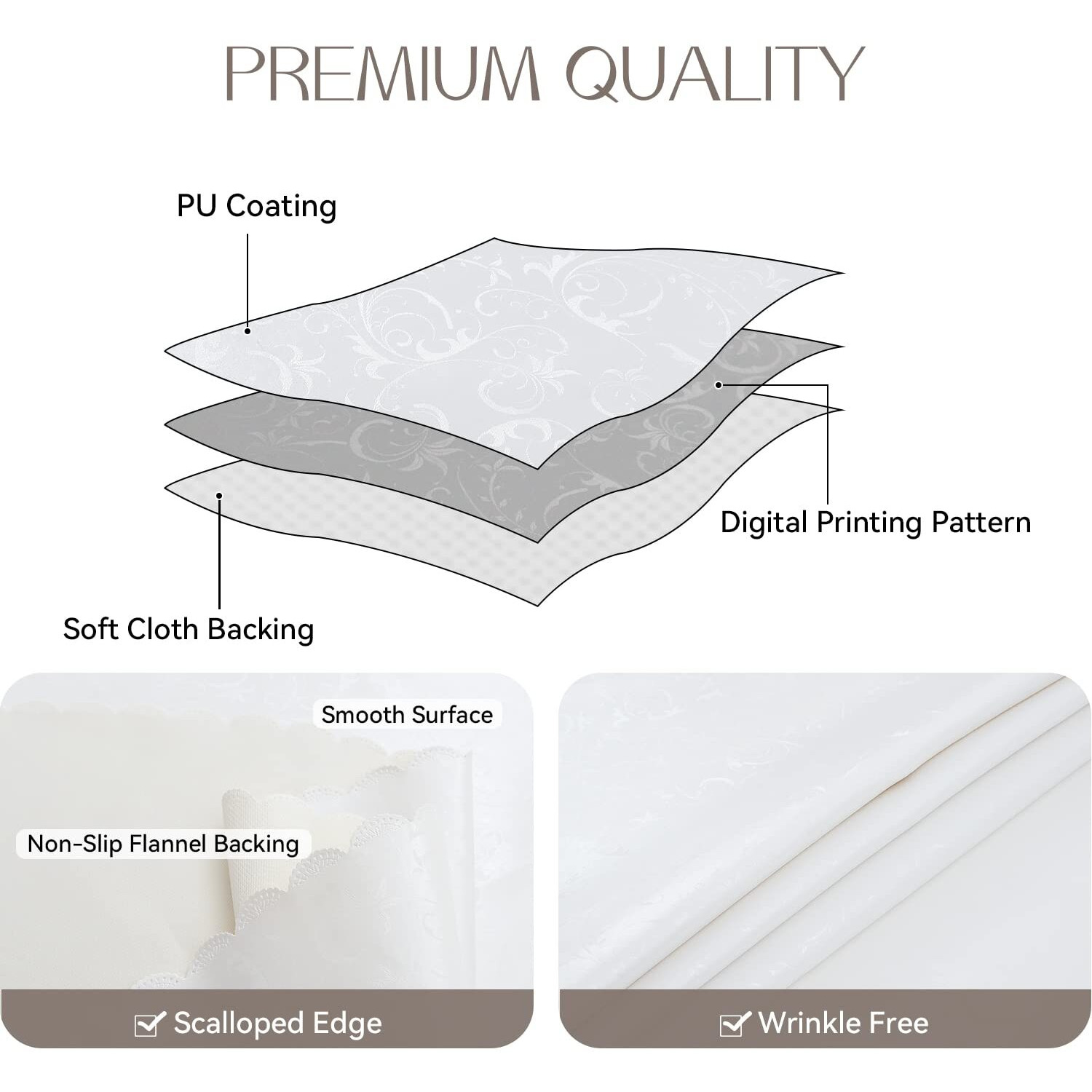 Romanstile Rectangle Vinyl Tablecloth,100% Waterproof Heavy Duty Oil Spill Proof Stain Resistant Plastic Pu Table Cover With Flannel Backing For Kitchen, Dining (Flower White, 60 X 84)