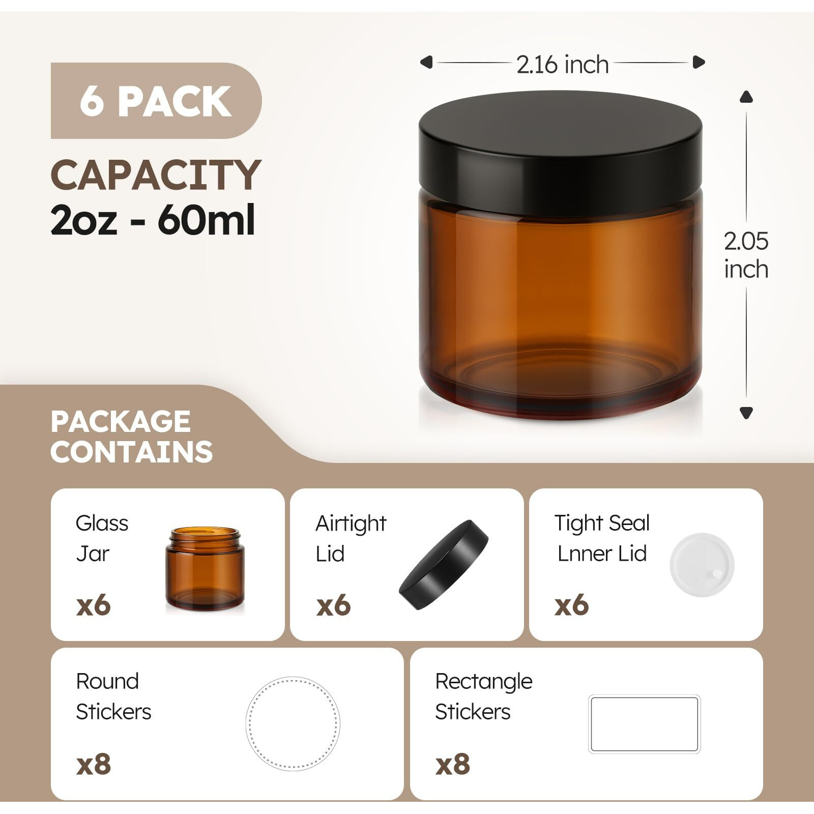 2 Oz Glass Jars With Lids, 6 Pack Amber Small Glass Jars With Black Lids Leakproof Round Airtight Empty Cosmetic Travel Containers With Inner Liners For Lotions Powders And Candle Making