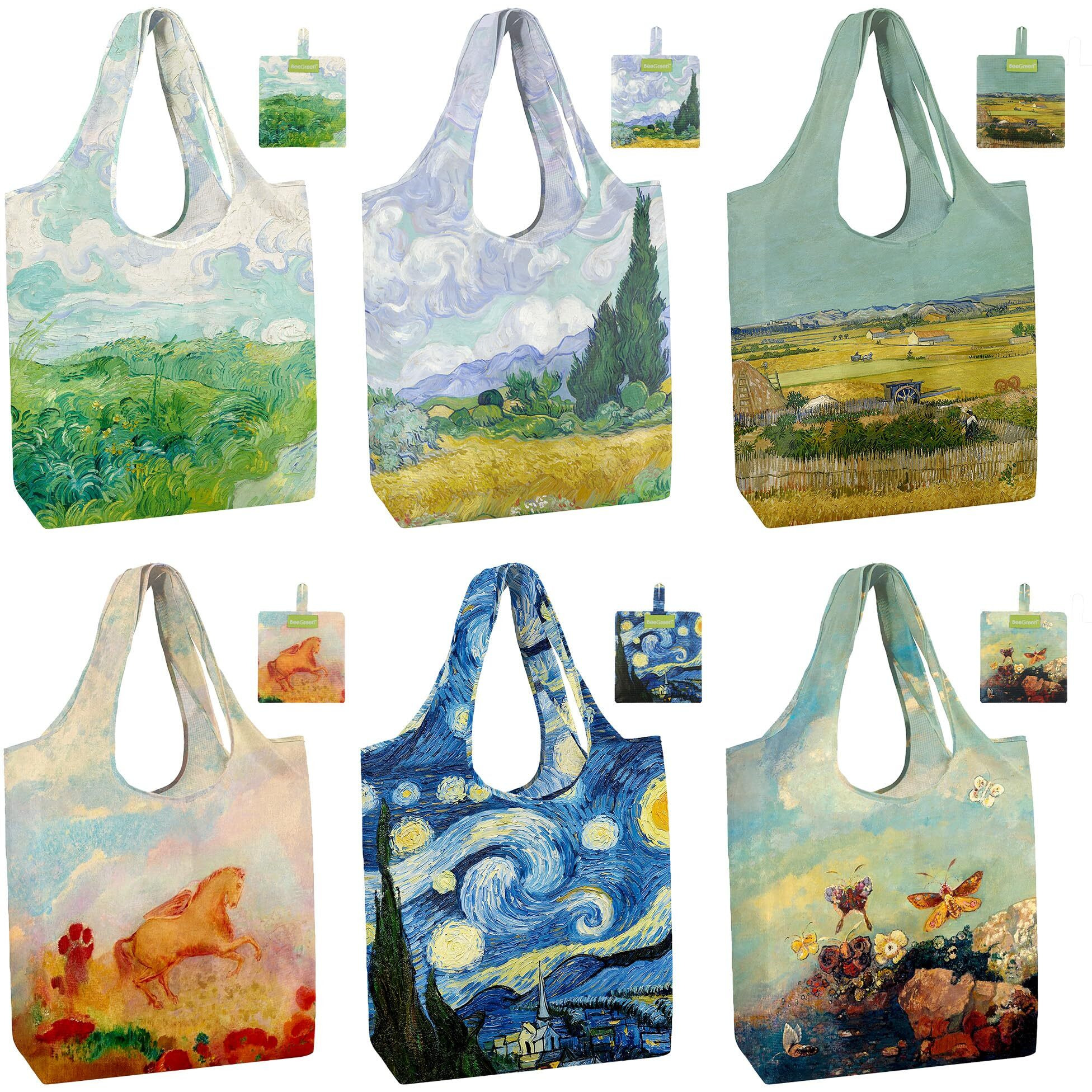 Beegreen Oil Painting Reusable Grocery Bags 6 Pack, Heavy Duty Totes For Women, Foldable Grocery Bag Large Shopping Totes With Handles For Work, Travel, Gift, Polyester Washable Reusable Tote Bag