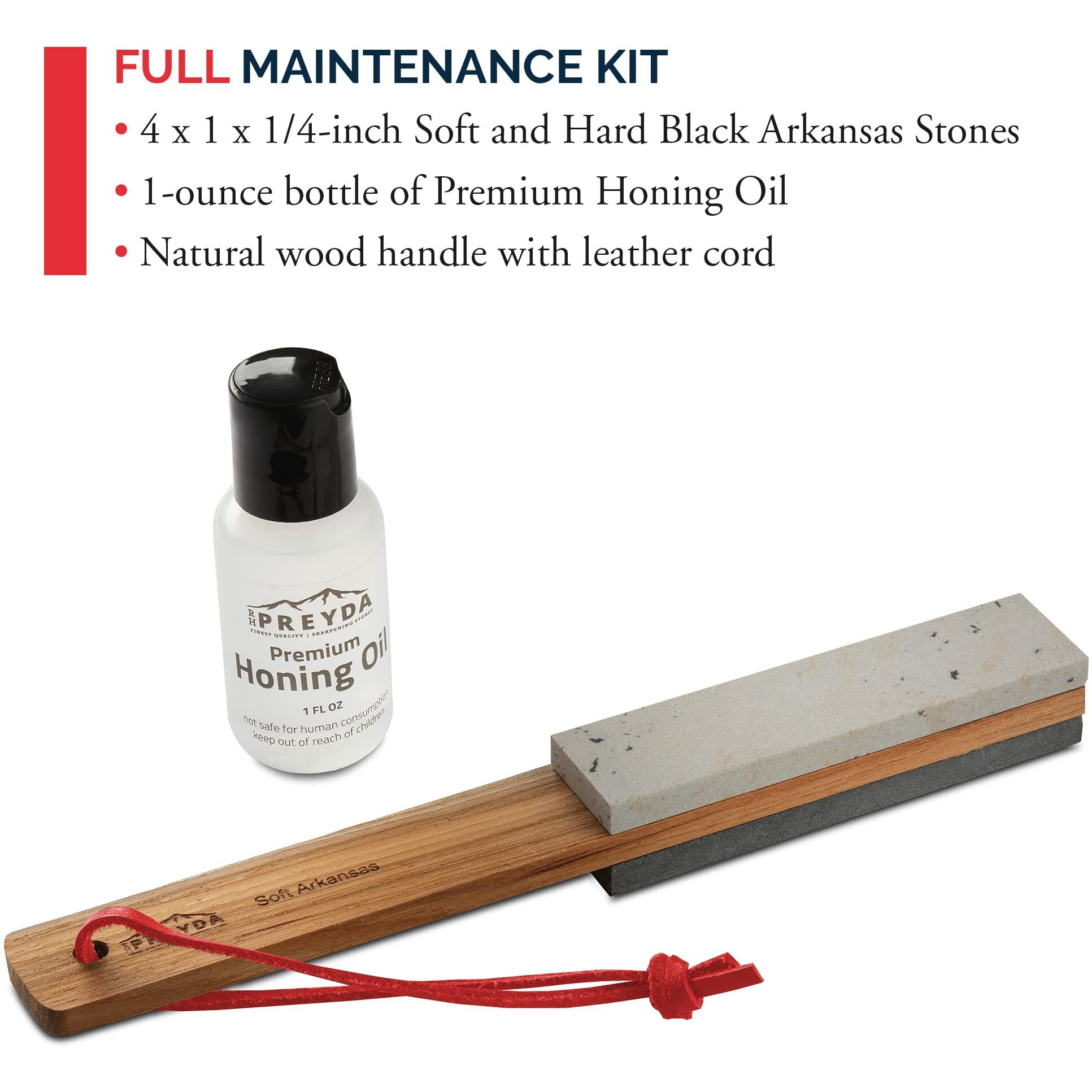 Arkansas Double-Sided Paddle Stone, Sharpening Stones And Premium Honing Oil For Axes And Blades, 4 X 1 X 1/4-Inch Whetstones With Genuine Leather Cord And Natural Wood Handle, By Rh Preyda