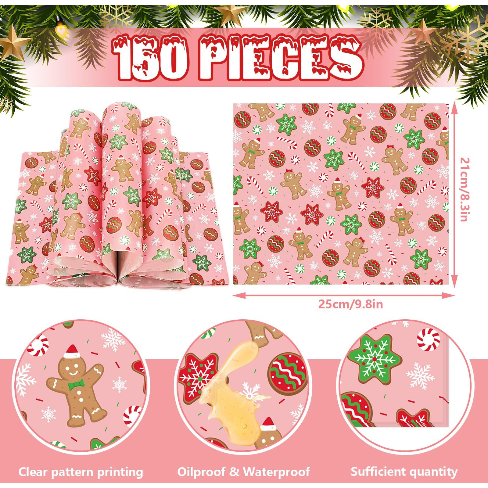 Jarthenaamcs 150Pcs Christmas Wax Paper Pink Gingerbread Man Snowflake Deli Paper Tissue Xmas Winter Sandwich Wrap Paper Oil-Proof Picnic Liners For Party Kitchen Supplies
