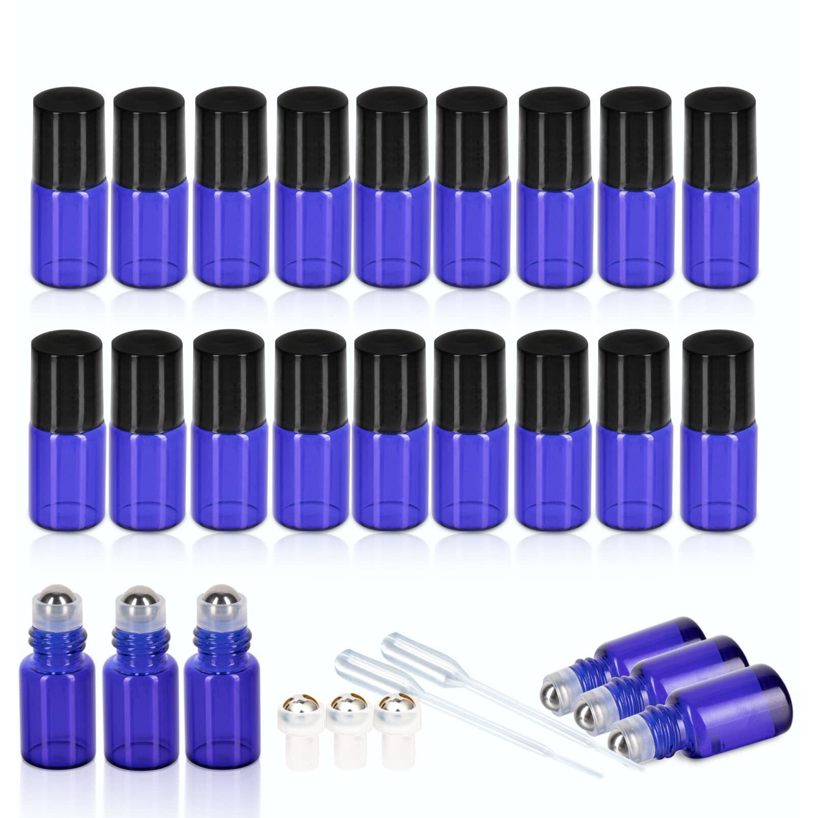 Zejia 2Ml Essential Oil Roller Bottles, 24 Pack Cobalt Blue Mini Glass Roll-On Bottles With Stainless Steel Roller Ball & 2 Droppers