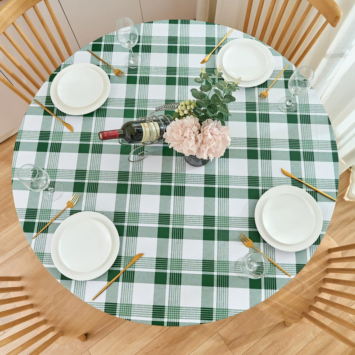 Nlmuvw Round Fitted Vinyl Tablecloth With Elastic Edge, 100% Waterproof Oil Proof Check Pvc Table Cloth Wipe Clean Table Cover For Indoor And Outdoor, 40""- 44""