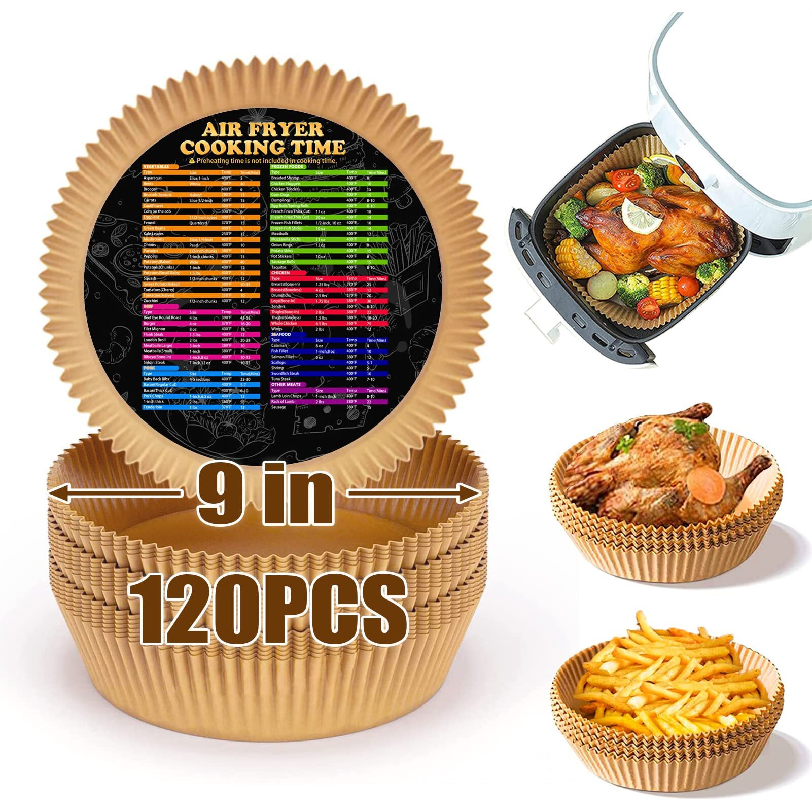 Zowvaam Air Fryer Disposable Paper Liner, 9 Inch Large Non-Stick, Baking Paper, Oil Resistant, Waterproof, Food Grade Parchment For Everyday Baking, White, 120Pcs