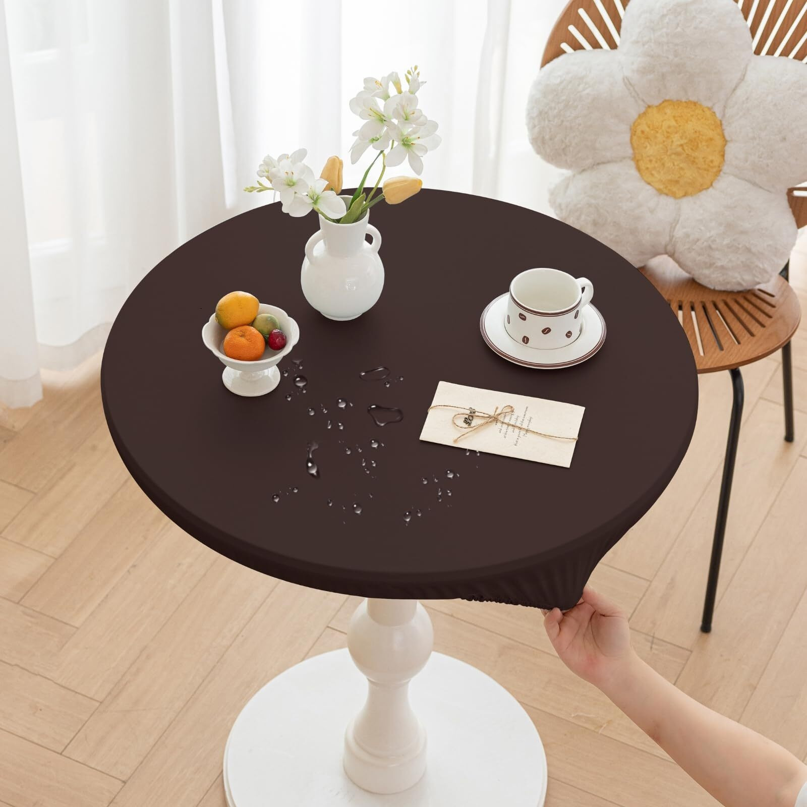 Huierxun Round Fitted Pu Tablecloth With High Elastic Edge 55 Inch Dia Waterproof Oil Proof Table Cloth Anti-Scald Stain-Resistant Wipeable Table Cover For Indoor Outdoor Picnic (Coffee,55"" Dia)