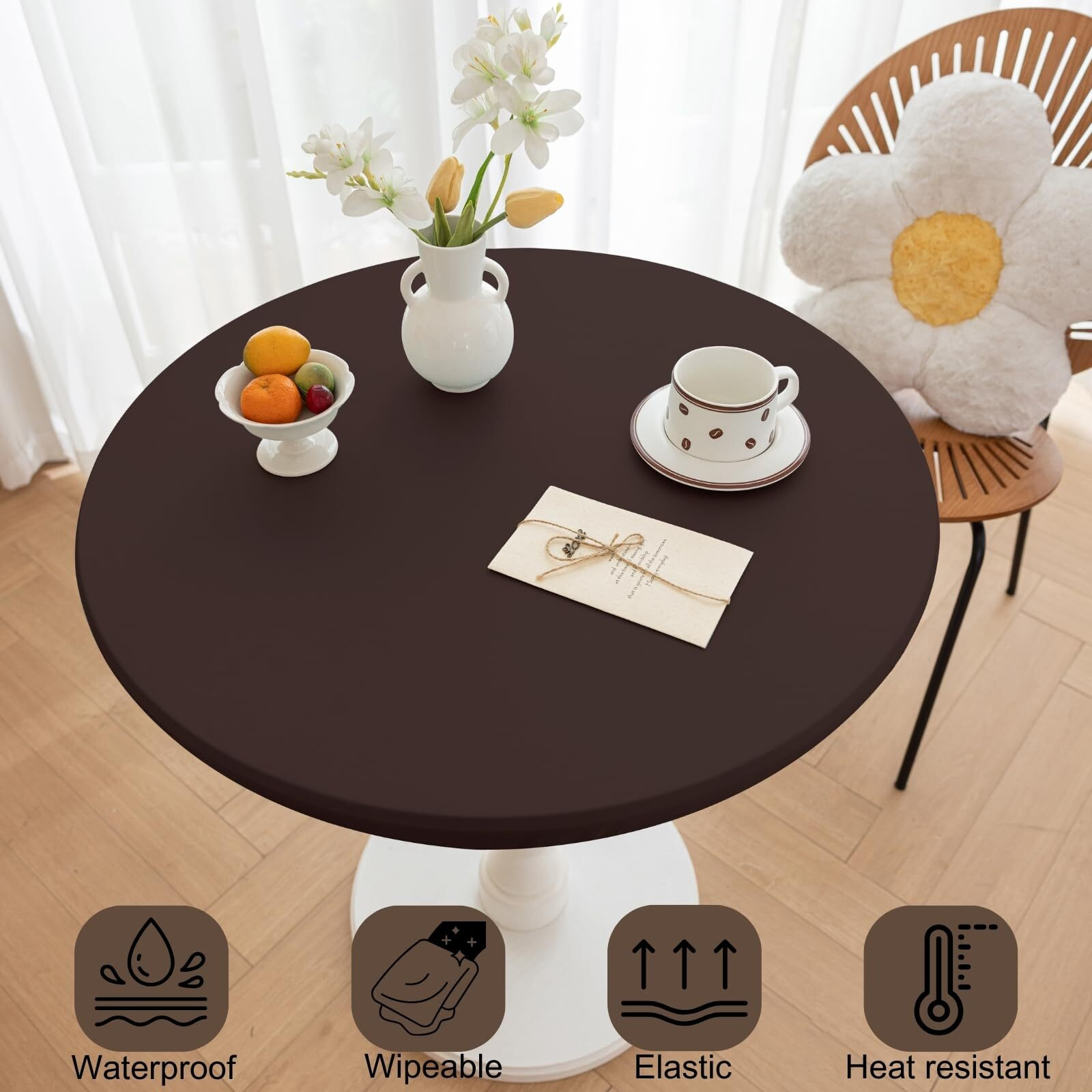 Huierxun Round Fitted Pu Tablecloth With High Elastic Edge 55 Inch Dia Waterproof Oil Proof Table Cloth Anti-Scald Stain-Resistant Wipeable Table Cover For Indoor Outdoor Picnic (Coffee,55"" Dia)
