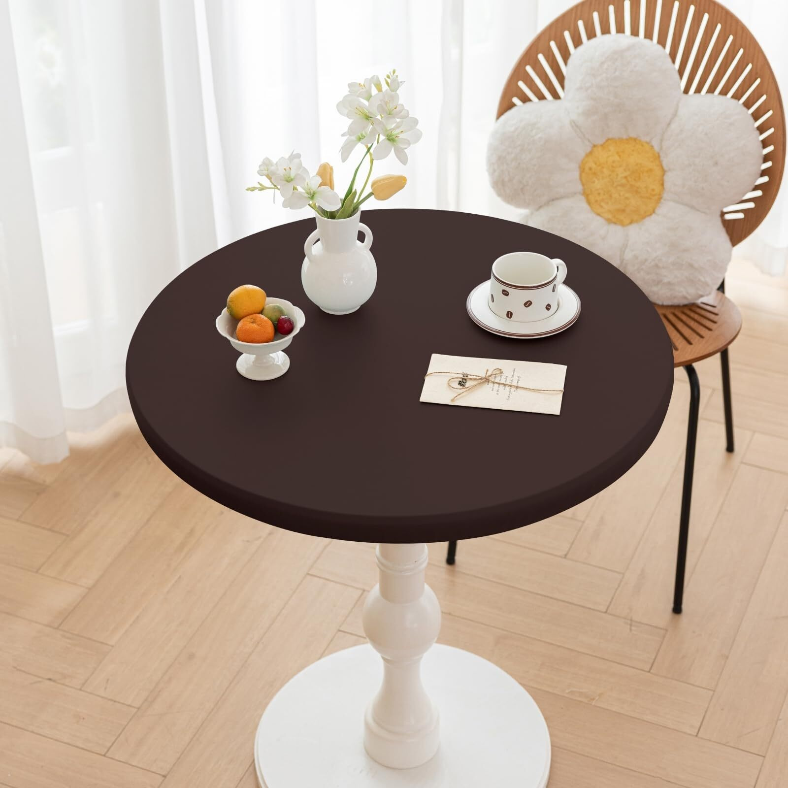 Huierxun Round Fitted Pu Tablecloth With High Elastic Edge 55 Inch Dia Waterproof Oil Proof Table Cloth Anti-Scald Stain-Resistant Wipeable Table Cover For Indoor Outdoor Picnic (Coffee,55"" Dia)