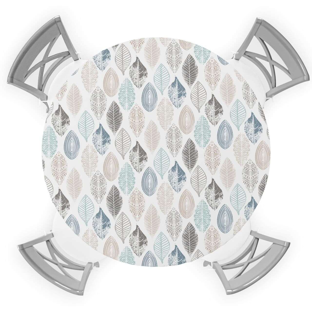 Ewdewwo Abstract Leaf Elastic Round Tablecloth, Teal Blue Green Brown Leaf Modern Art Plants Fitted Tablecloths For Round Table Oil-Proof Waterproof Table Cloth (Fit For 36"" - 44"" Round Tables)