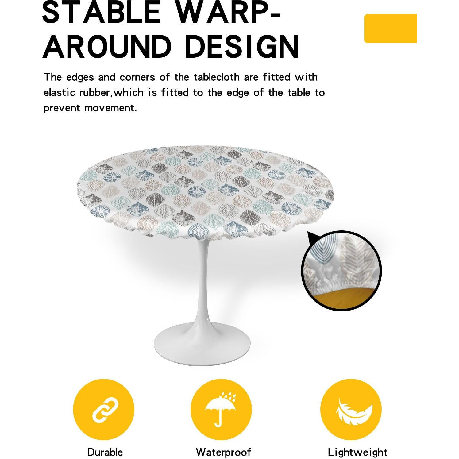 Ewdewwo Abstract Leaf Elastic Round Tablecloth, Teal Blue Green Brown Leaf Modern Art Plants Fitted Tablecloths For Round Table Oil-Proof Waterproof Table Cloth (Fit For 36"" - 44"" Round Tables)