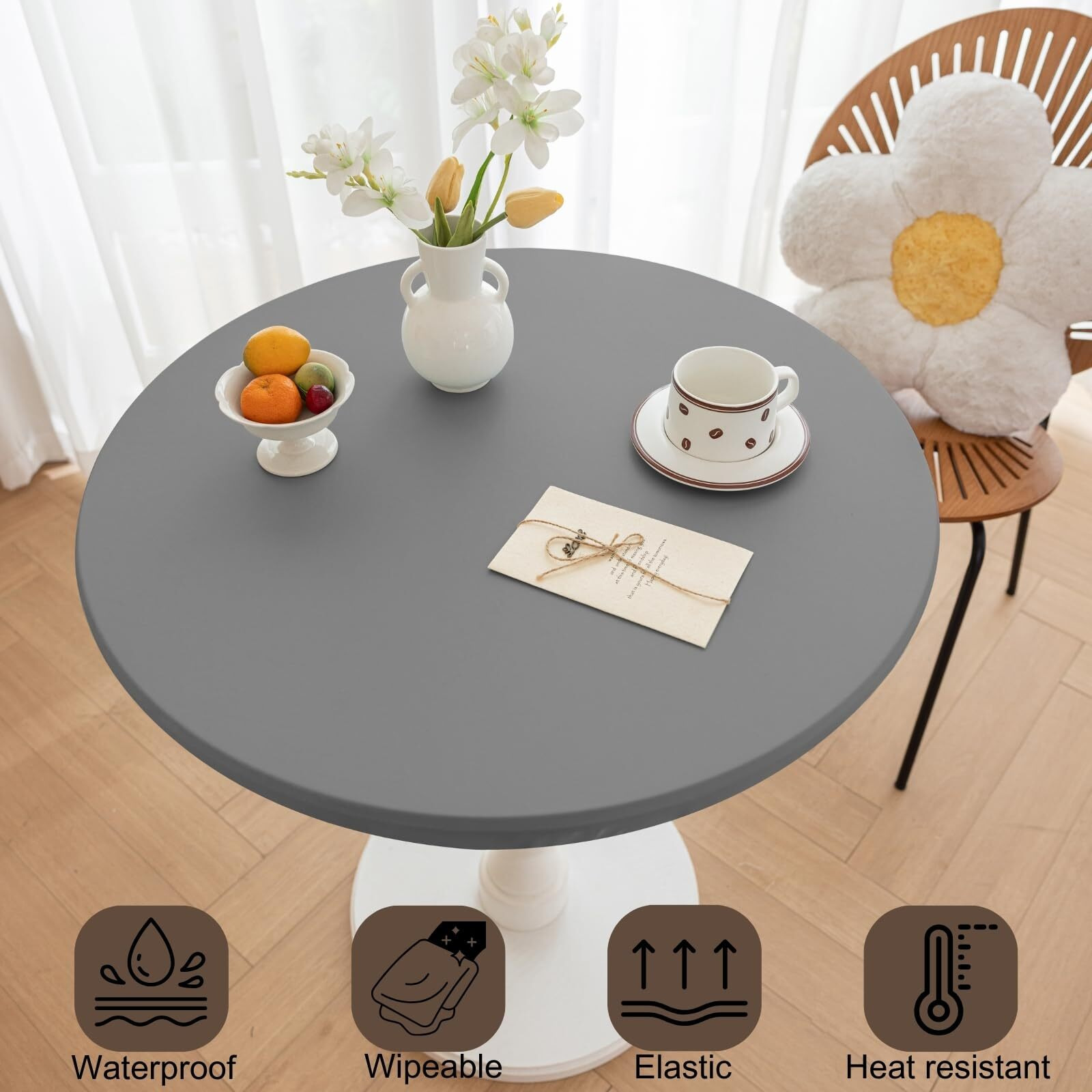 Huierxun Round Fitted Pu Tablecloth With High Elastic Edge 28 Inch Dia Waterproof Oil Proof Table Cloth Anti-Scald Stain-Resistant Wipeable Table Cover For Indoor Outdoor Picnic (Light Grey,28"" Dia)