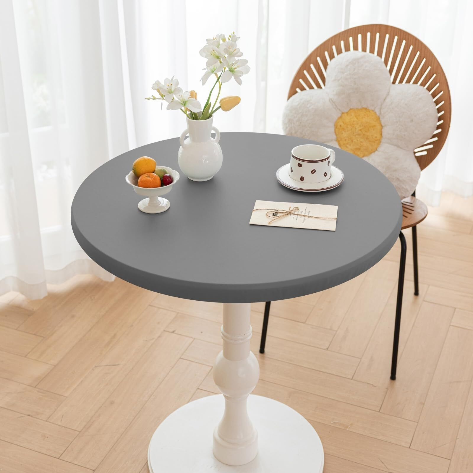 Huierxun Round Fitted Pu Tablecloth With High Elastic Edge 28 Inch Dia Waterproof Oil Proof Table Cloth Anti-Scald Stain-Resistant Wipeable Table Cover For Indoor Outdoor Picnic (Light Grey,28"" Dia)