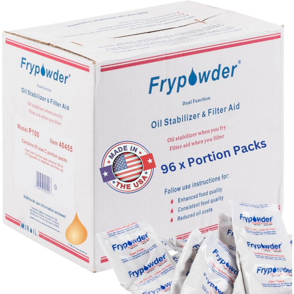 Miroil P100 Fry Powder Oil Stabilizer And Filter Aid, Food Centers Cook Hotter, Deep Fryer Cooking Oil Saver Helps Save Grease & Remove Carbon Deposits, 90 X Size C Portion Pack(160Ml Each) Fry Powder