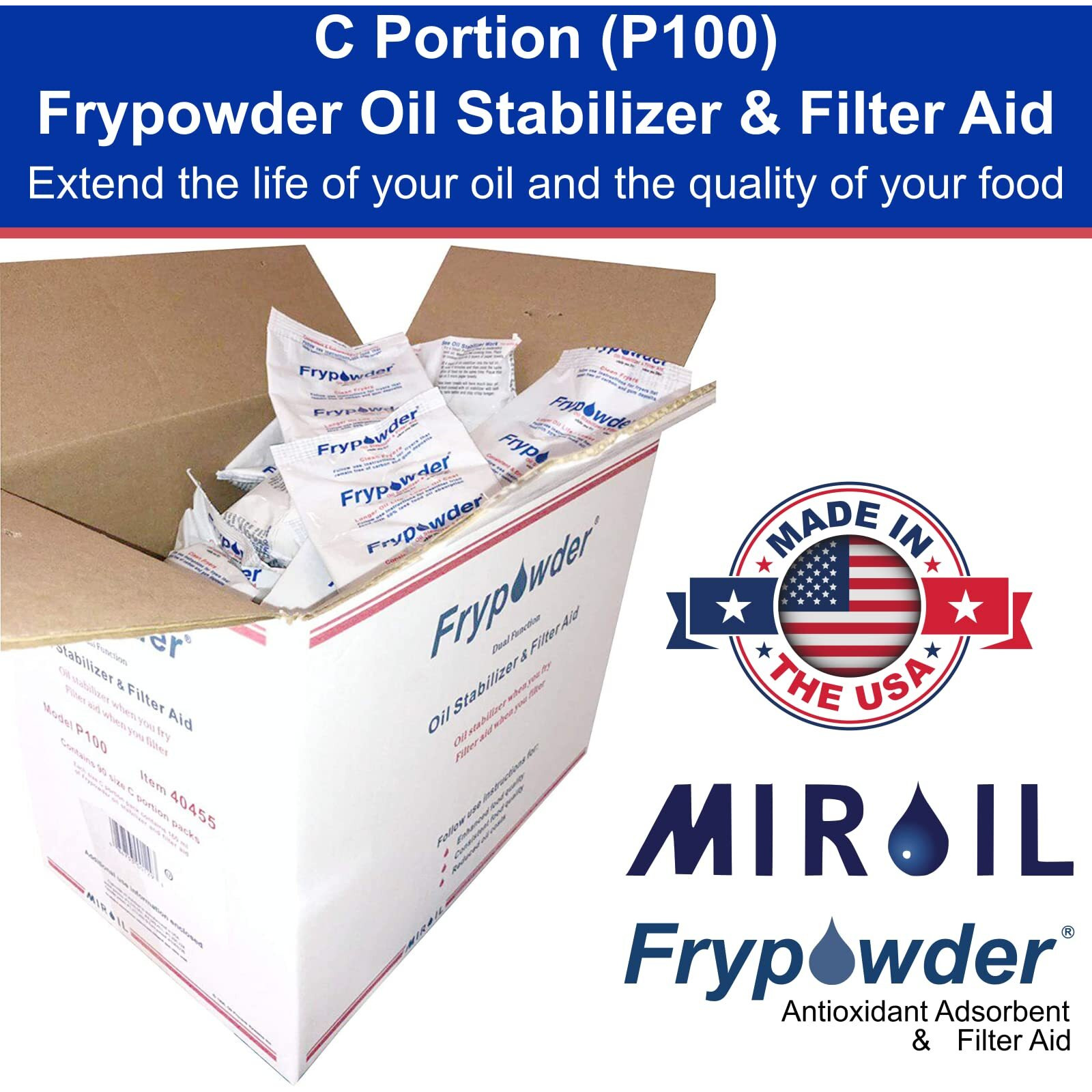 Miroil P100 Fry Powder Oil Stabilizer And Filter Aid, Food Centers Cook Hotter, Deep Fryer Cooking Oil Saver Helps Save Grease & Remove Carbon Deposits, 90 X Size C Portion Pack(160Ml Each) Fry Powder