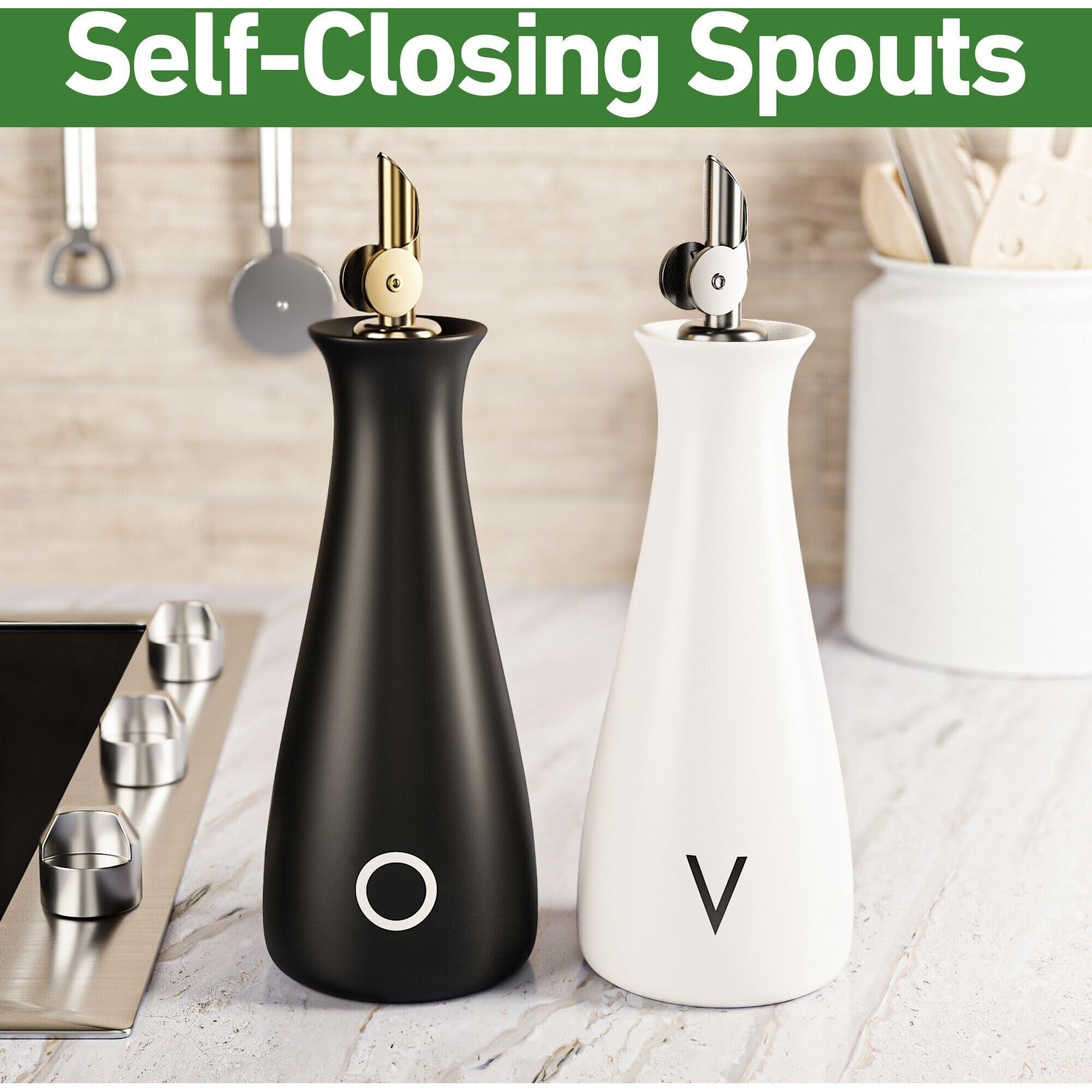 Oil And Vinegar Dispenser Set With Self-Closing Stainless Steel Spouts - 530 Ml Capacity Matte Ceramic Leak Proof Evoo & Vinegar Dispensing Bottle Set Of 2 - Olive Oil And Vinegar Dispenser Bottle Set