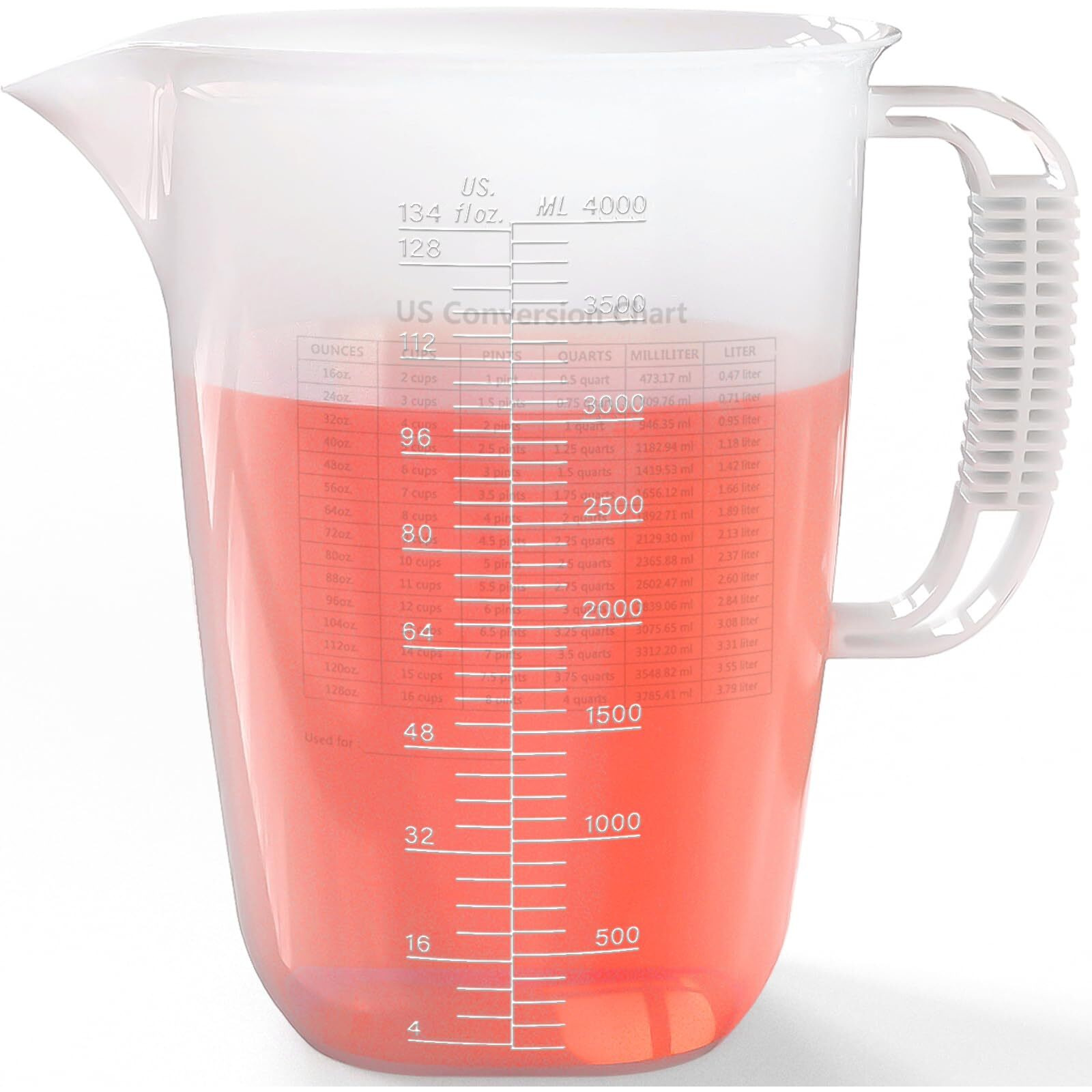 1 Gallon Measuring Pitcher, 134Oz Extra Large Measure Pitcher-Convenient Conversion Chart-Strong Handle, Heat Resistant Plastic 1 Gallon Measuring Container For Pool Chemicals,Motor Oil, Lawn And Cook