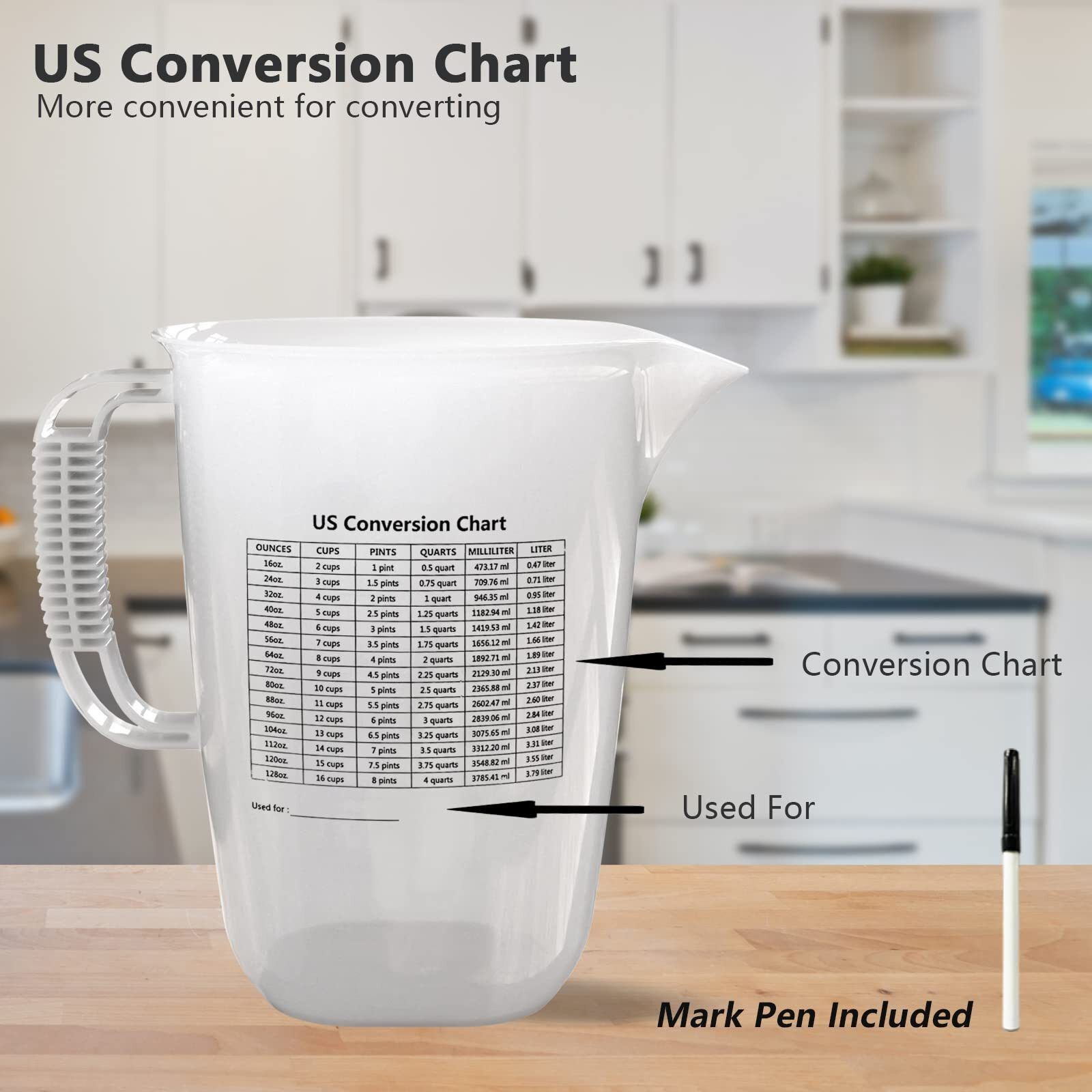 1 Gallon Measuring Pitcher, 134Oz Extra Large Measure Pitcher-Convenient Conversion Chart-Strong Handle, Heat Resistant Plastic 1 Gallon Measuring Container For Pool Chemicals,Motor Oil, Lawn And Cook