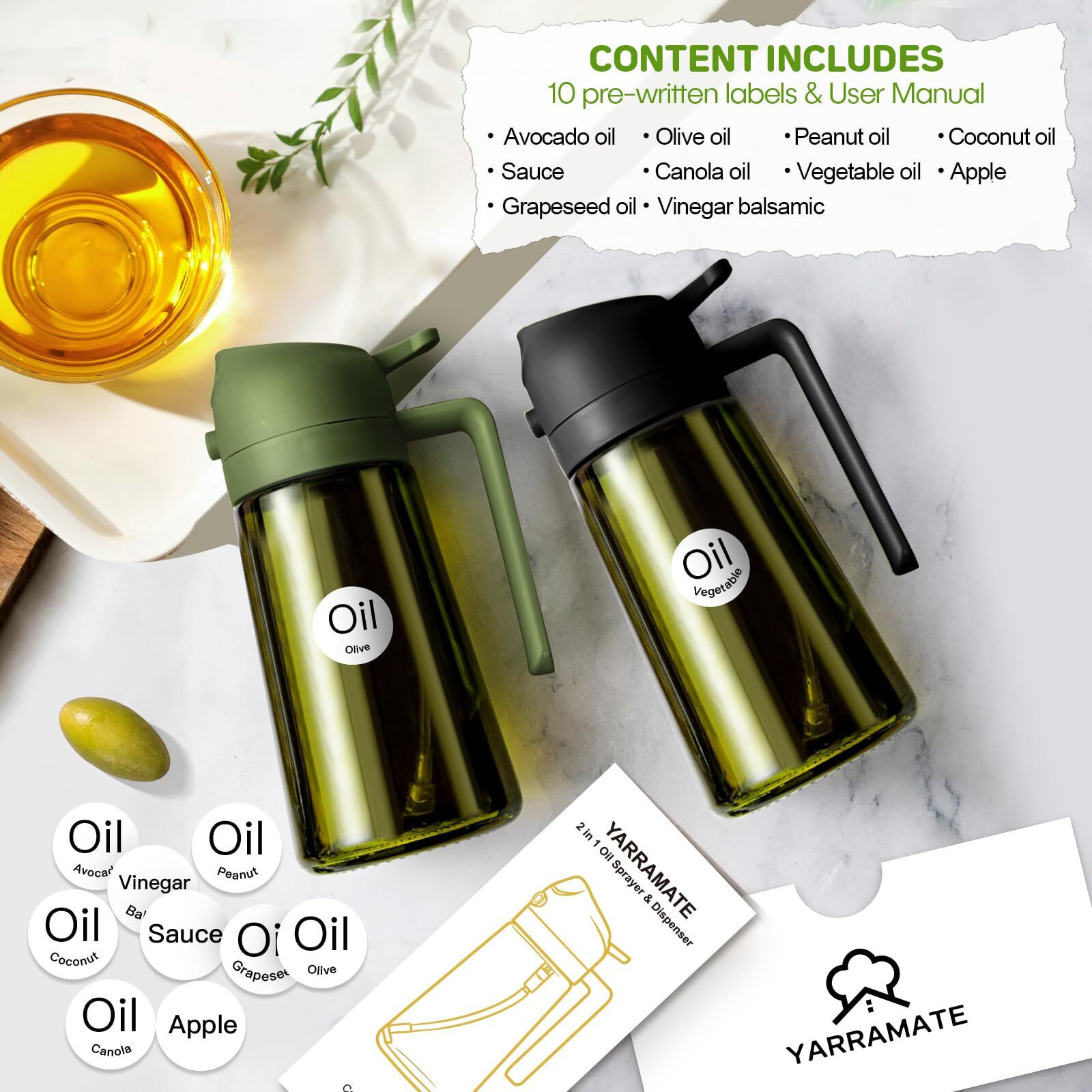 Yarramate 2Pcs 16Oz/470Ml Dark Green Oil Sprayer For Cooking With Stickers, Food-Grade Premium 2 In 1 Olive Oil Dispenser Bottle For Kitchen Gadgets, Air Fryer, Salad, Frying, Bbq (Black&Olivegreen)