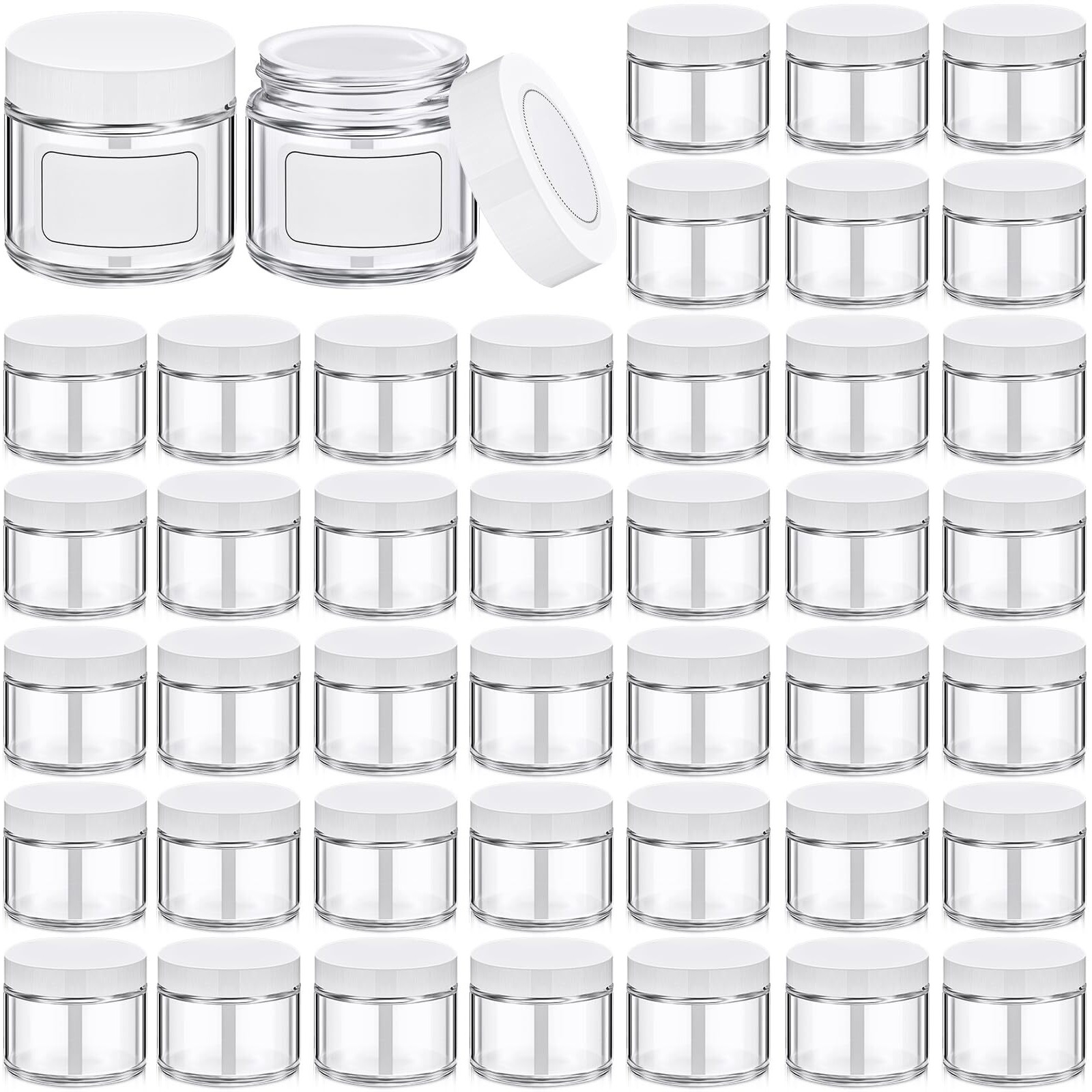 Layhit 2 Oz Amber Jars With Lids, Empty Round Cosmetic Jars Travel Storage Jar With Inner Liners White Labels For Scrubs, Lotions, Cosmetic,Spice,Powder And Ointments(Clear, White Lid)