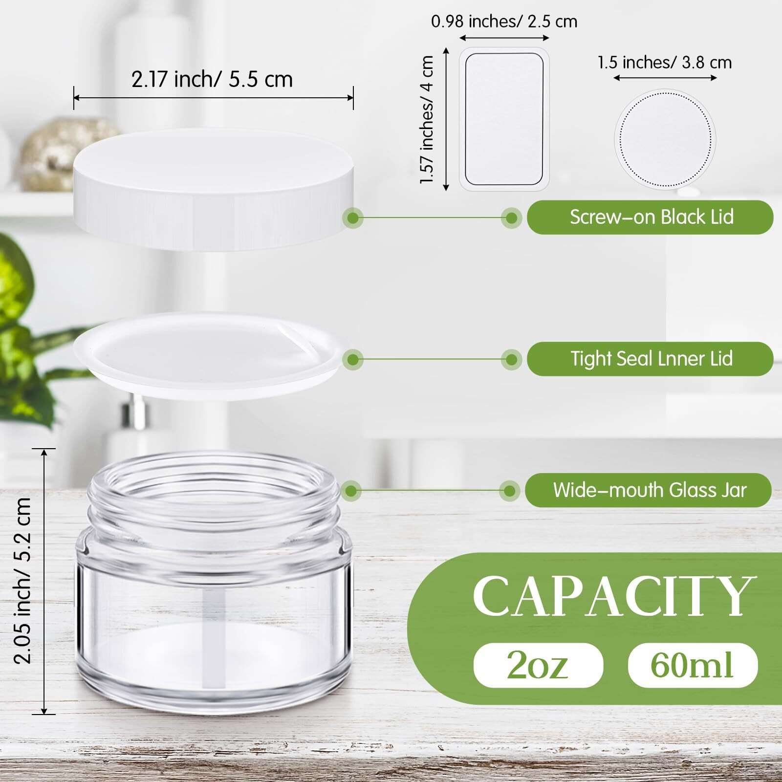 Layhit 2 Oz Amber Jars With Lids, Empty Round Cosmetic Jars Travel Storage Jar With Inner Liners White Labels For Scrubs, Lotions, Cosmetic,Spice,Powder And Ointments(Clear, White Lid)