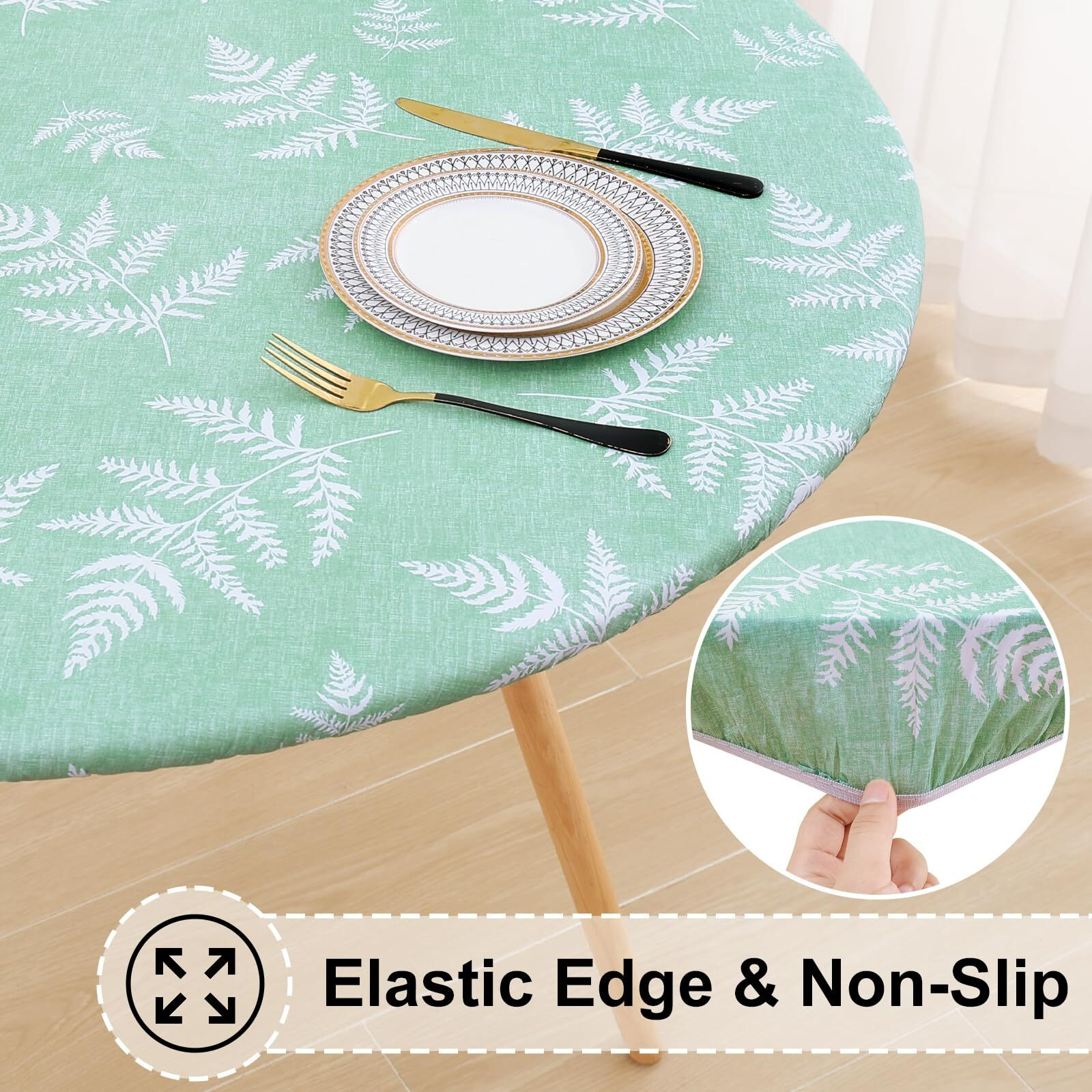 Misaya Round Fitted Tablecloth With Elastic Edge, Waterproof Oil Proof Plastic Table Cover, Vinyl Flannel Backed Tablecloth Fits 45""-56"" Round Tables For Dinner, Outdoor, Picnic, Light Green Leaves