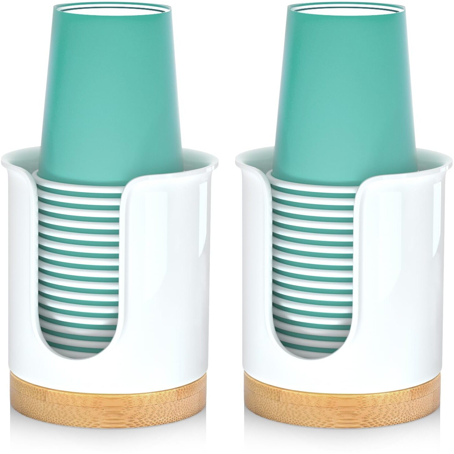 2 Pack Bathroom Cup Dispenser - Small Cup Holder And Mouthwash Cups Holder For 3 Oz Countertop - Convenient Paper Cup Dispenser - Bamboo Wood Base Bathroom Cup Holder(White)