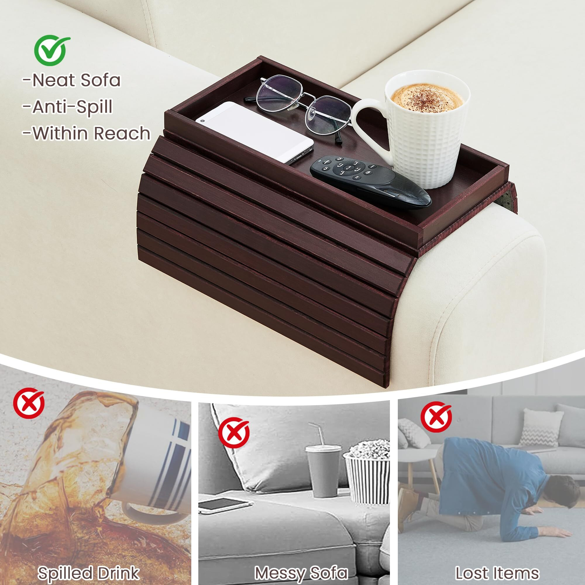 Gehe Bamboo Sofa Arm Tray, Foldable Couch Arm Tray Side Table, Anti-Falling Armrest Tables Cup Holder For Snacks, Drinks, Beers, Phone, Control, Flexible And Portable, Anti-Slip Bottom