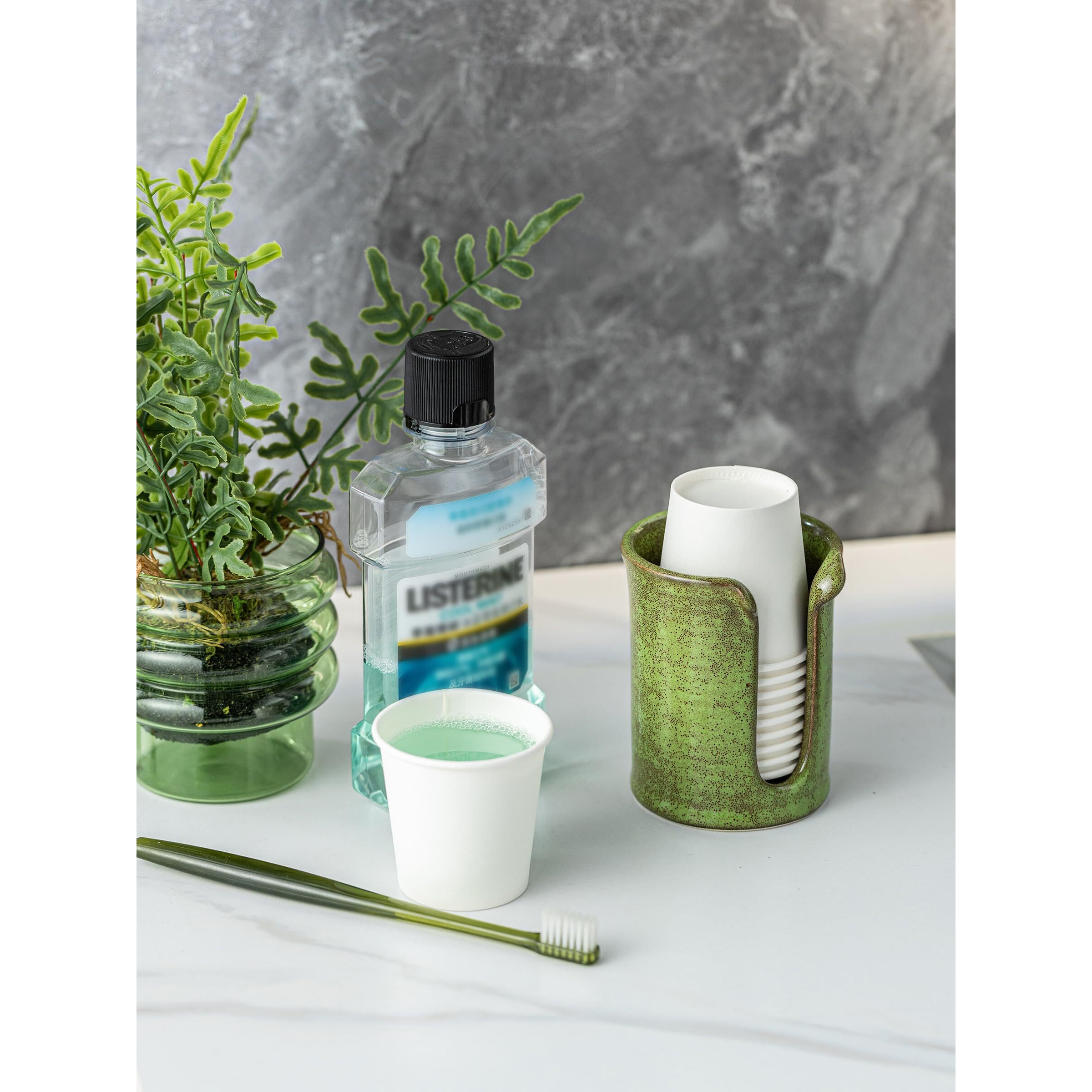Yhojoy Ceramic Bathroom Cup Dispenser, 3 Oz Bathroom Cup Holder For Dixie Cups, Mouthwash Cup Dispenser For Bathroom Countertop, Green